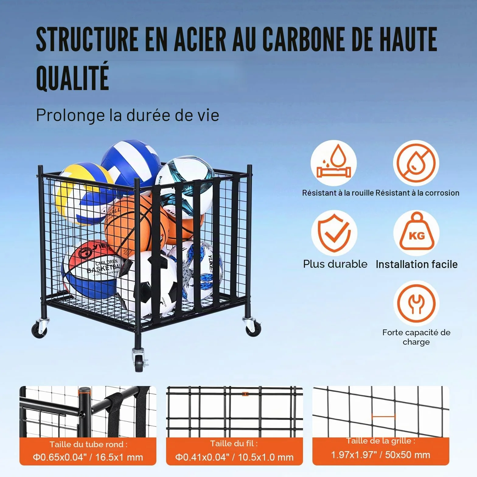 VEVOR Chariot de Rangement à Roulettes pour Ballons de Sport, Cage de Basket-Ball Verrouillable