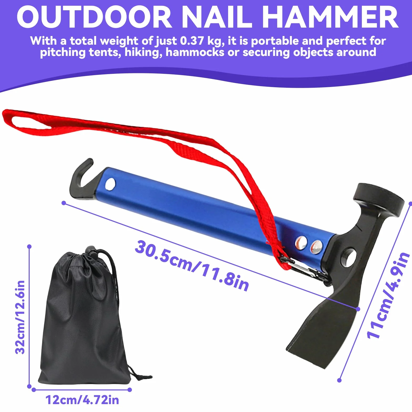 Marteau de camping en aluminium 30,5 cm avec crochet et mini houe multifonctionnel bleu sac de rangement