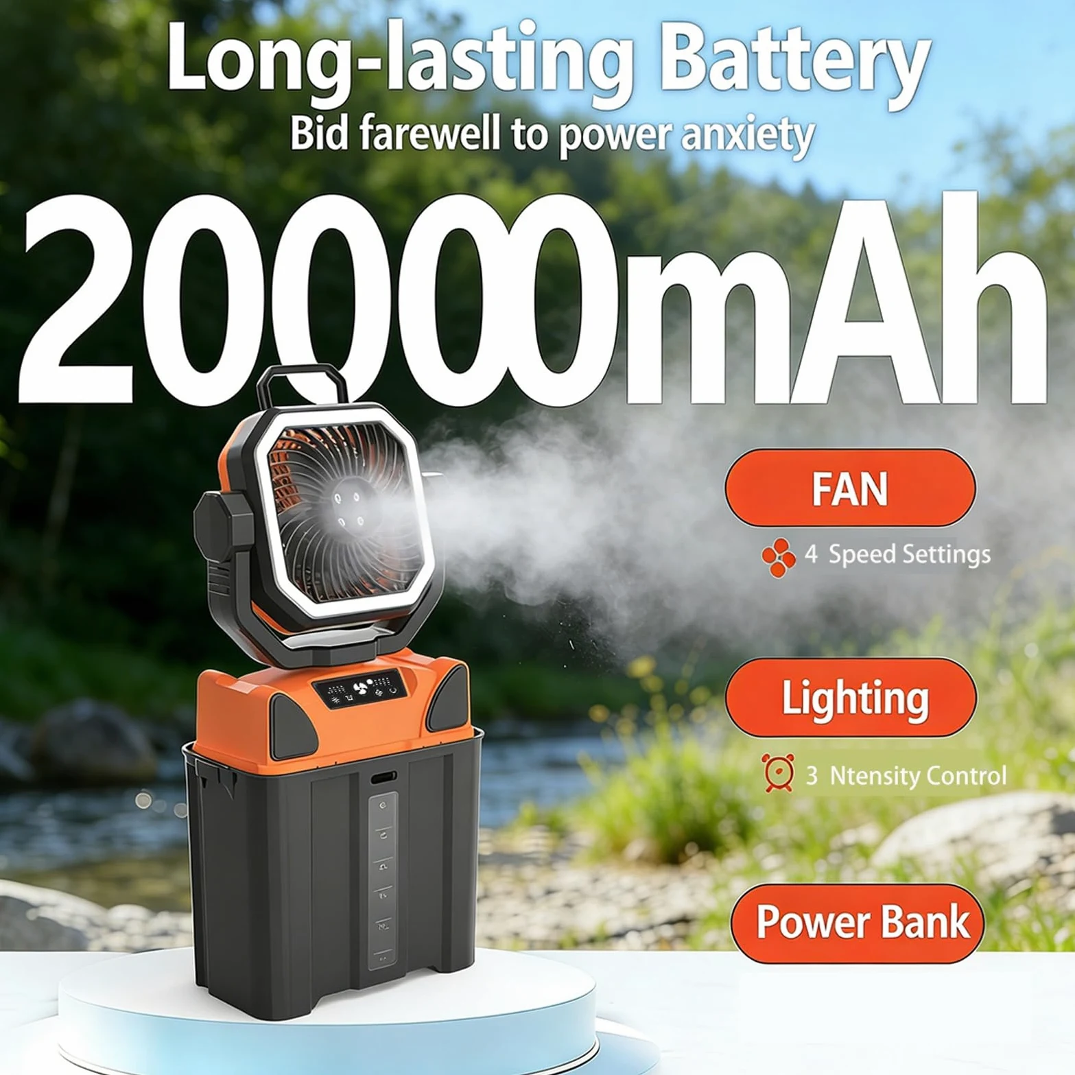 Elprico 3 in 1 Ventilateur de Camping Rechargeable, Ventilateur Brumisateur Portable 6 L avec Lumière LED, Télécommande, alimenté par Batterie 20 000 MAh pour Tente, T