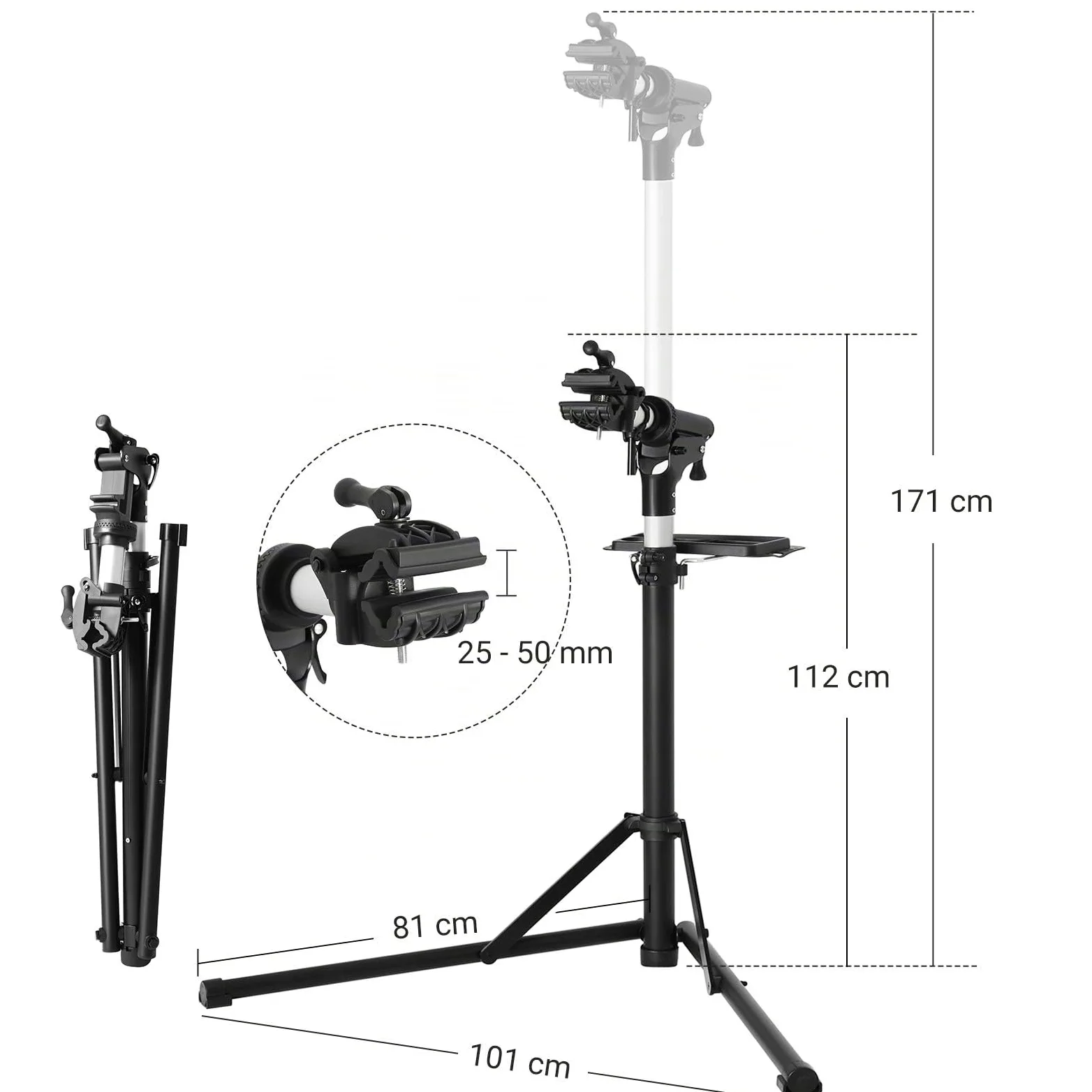 SONGMICS Support de réparation de vélo, Pieds d’Atelier, en Aluminium, avec Plateau à Outils magnétique, Réglable, Léger, Portatif, pour Entretien et Réparation Bicyclette, Noir SBR04B