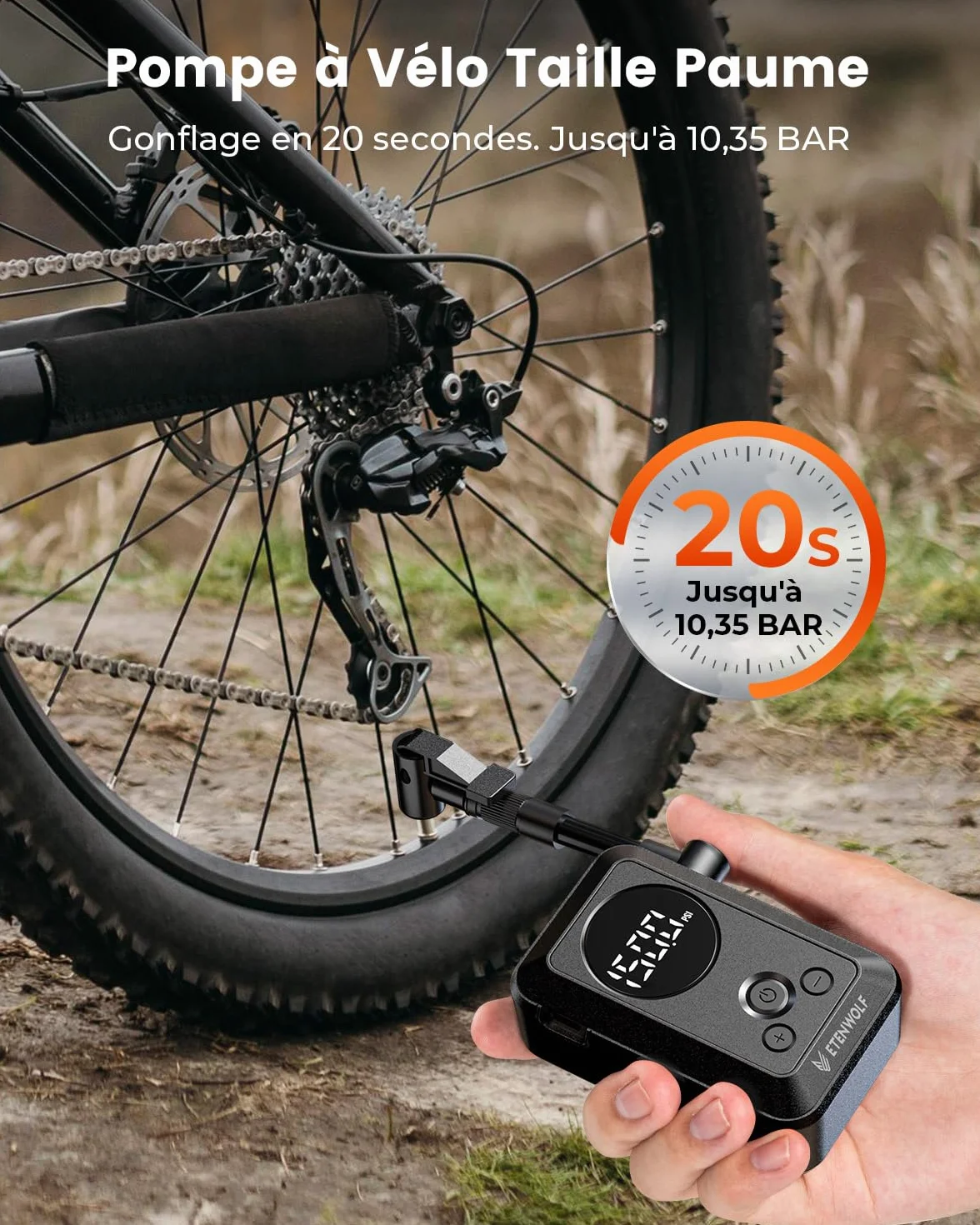 ETENWOLF Pompe à vélo électrique 10,34 Bar Portable avec valves Presta et Schrader
