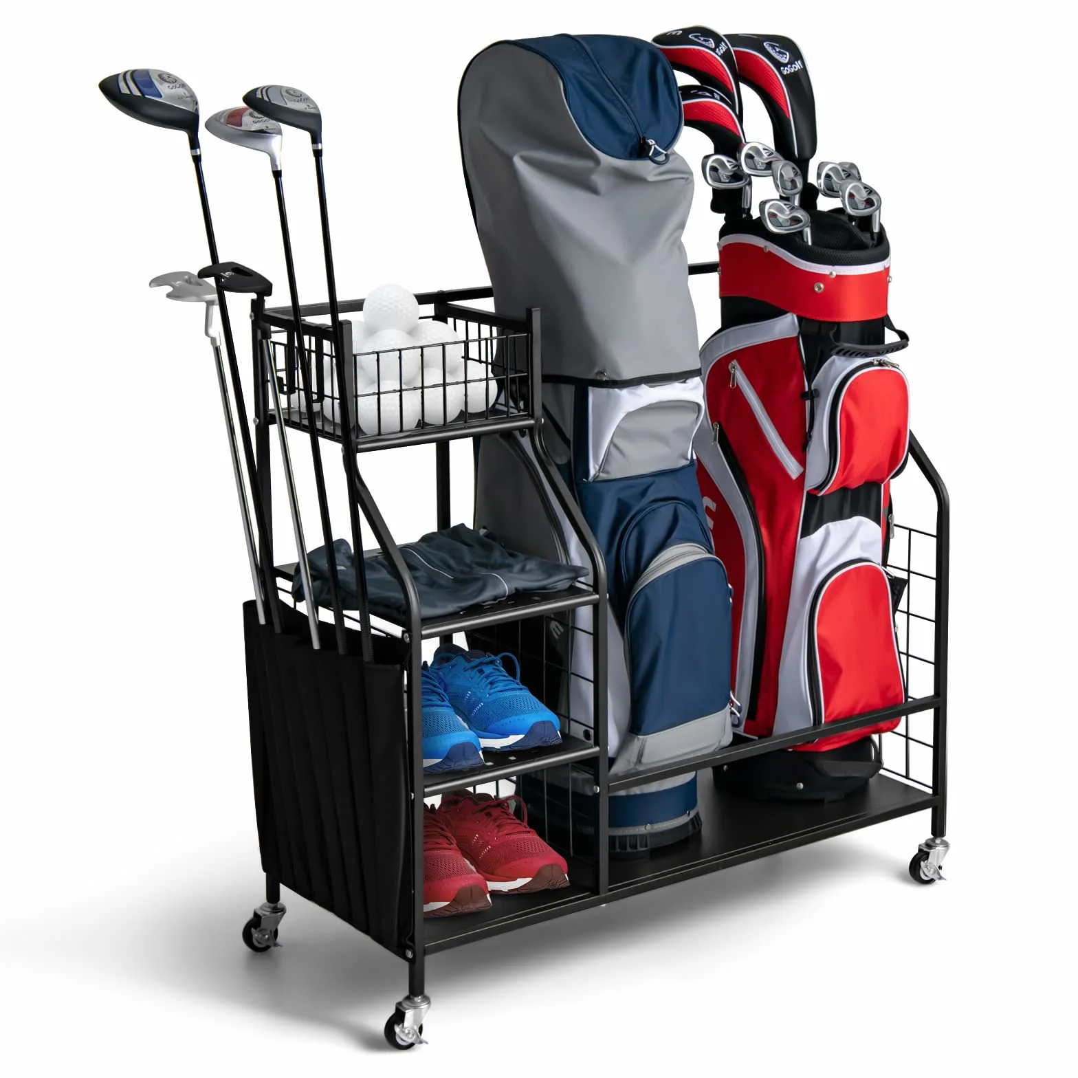 COSTWAY Support de Rangement pour Sac de Golf avec Roues Universelles Verrouillables, Organisateur de Stockage en Métal pour Accessoires Golf avec Étagère et 4 Crochets