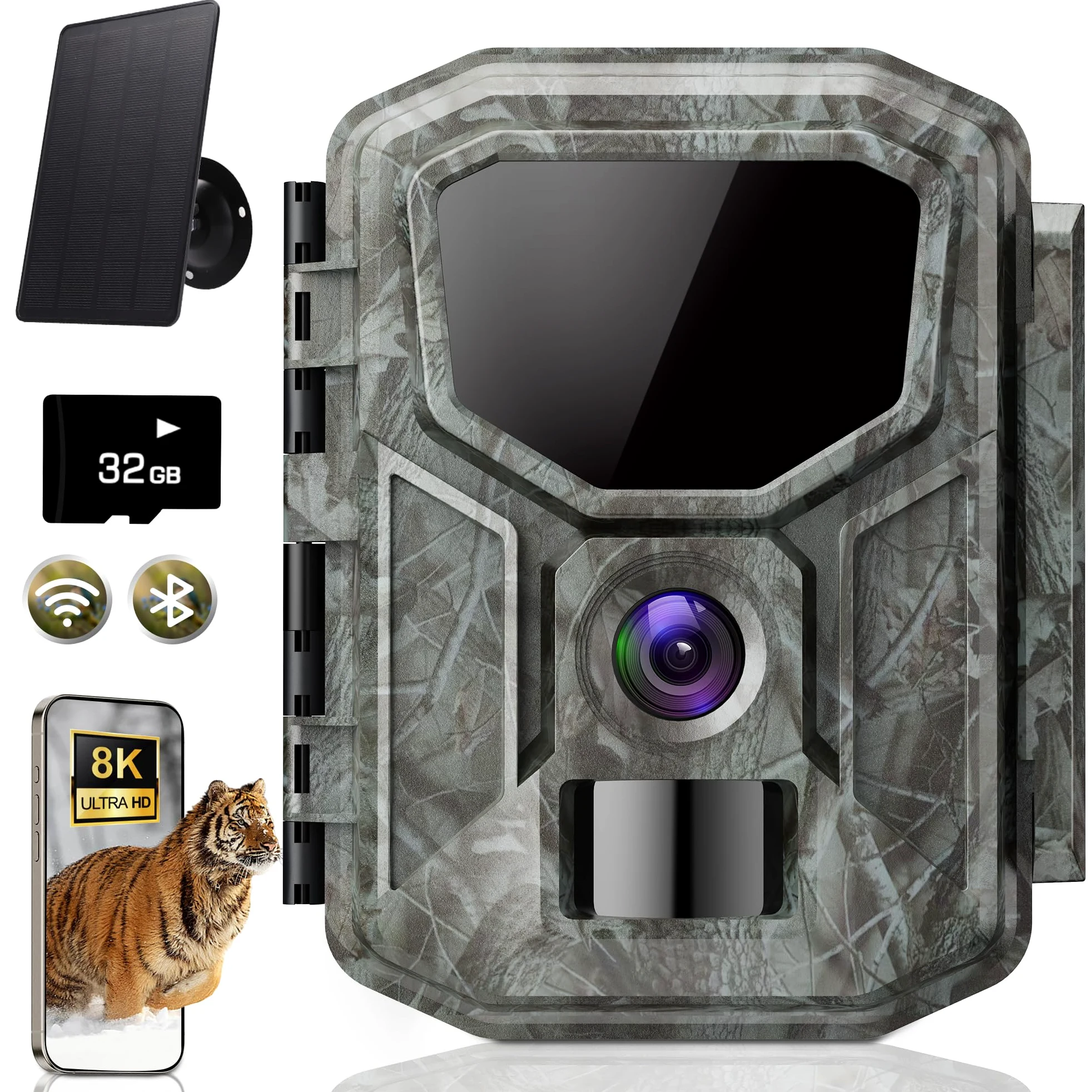 Caméra de chasse solaire 8K avec application illimitée gratuite, batterie 7800 mAh, vision nocturne 850 nm, détection de mouvement 0,1 S, étanche IP66, avec carte mémoire de 32 Go, caméra pour