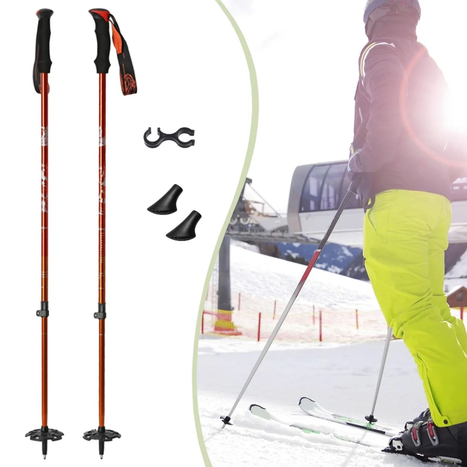 Lot de 2 Bâtons de Ski Ergonomiques en Aluminium avec Réglage Télescopique, Rondelle à Neige et Système de Verrouillage pour Les Passionnés de Ski, Le
