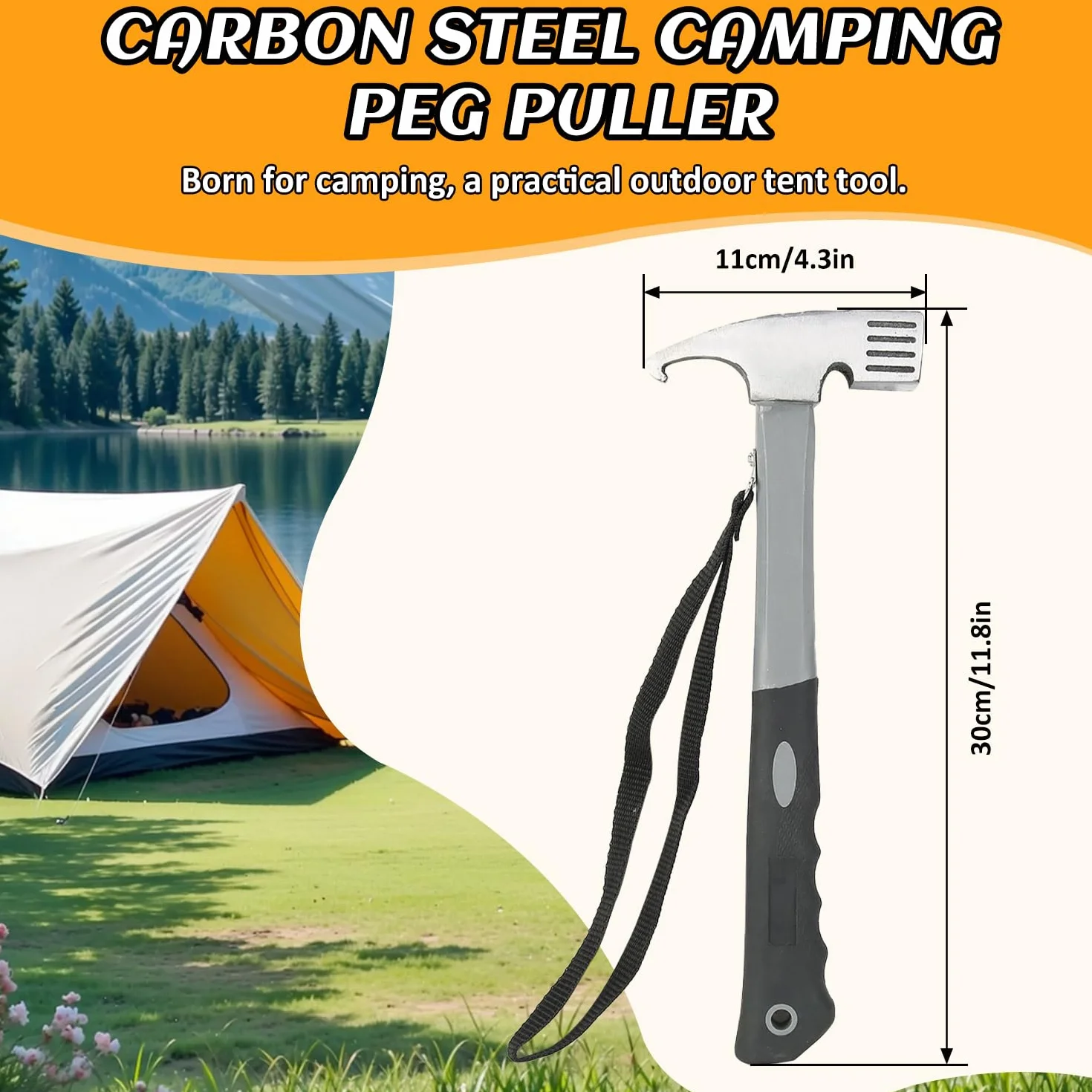 Marteau de Camping en Acier au Carbone 30x11 cm avec Crochet Extracteur Piquet