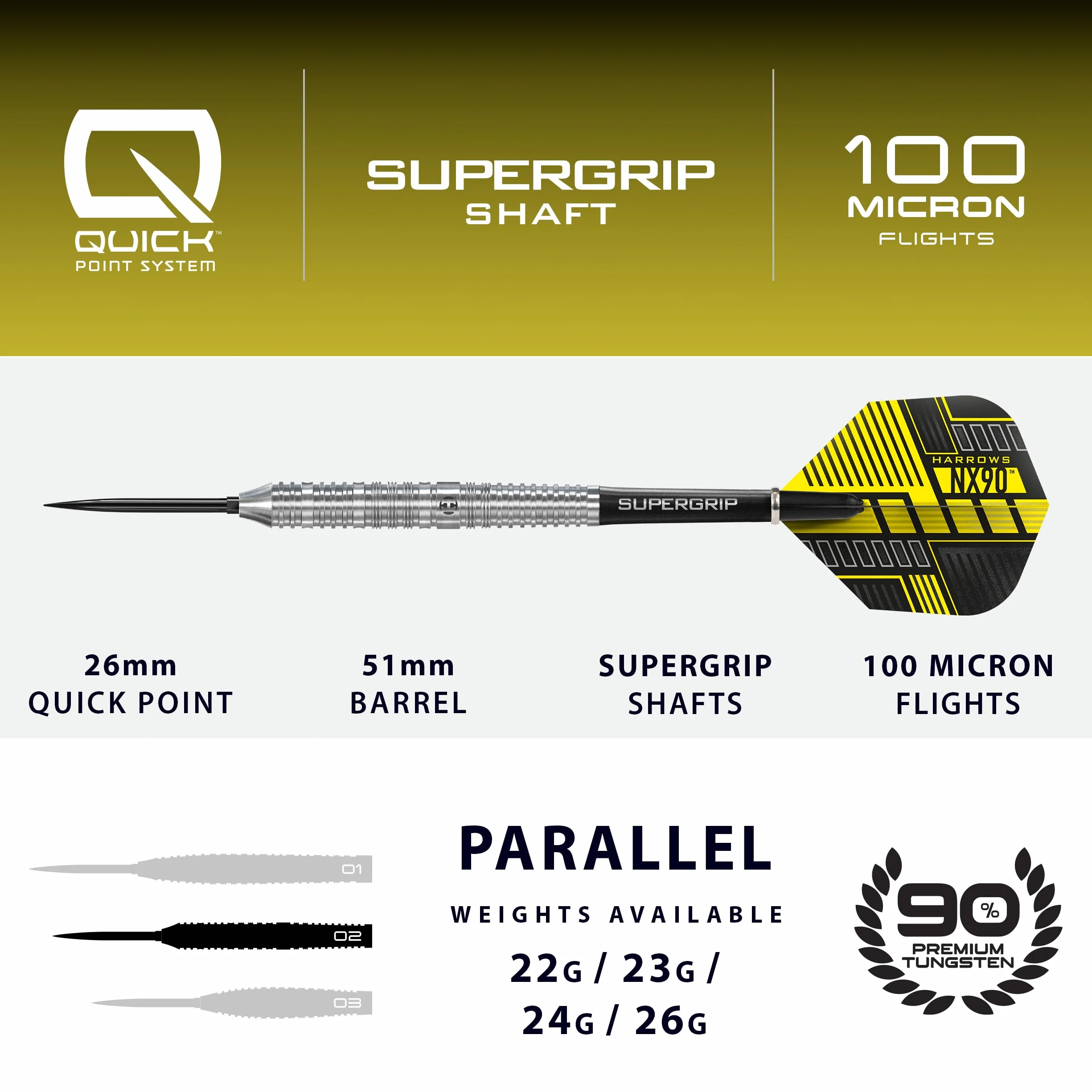 Harrows NX90 fléchettes tungstène 90% 23 g lot de 10 pointe acier changement rapide