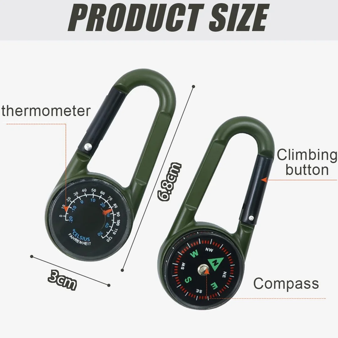 Boussole Thermomètre 3 En 1 Mousqueton Tactique Porte-Clés Camping Randonnée