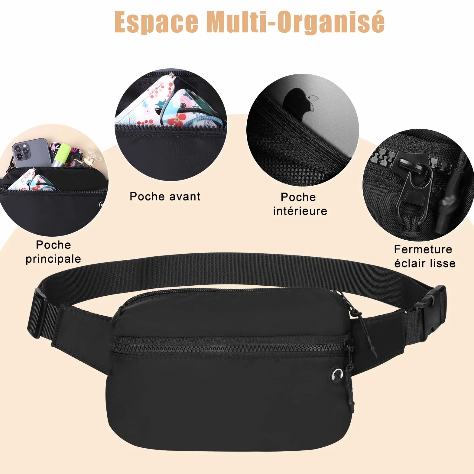 Vinabo Sac Banane Homme Femme avec Prise Casque et 2 Poches Chic Ceinture Réglable pour Taille Randonnée Camping