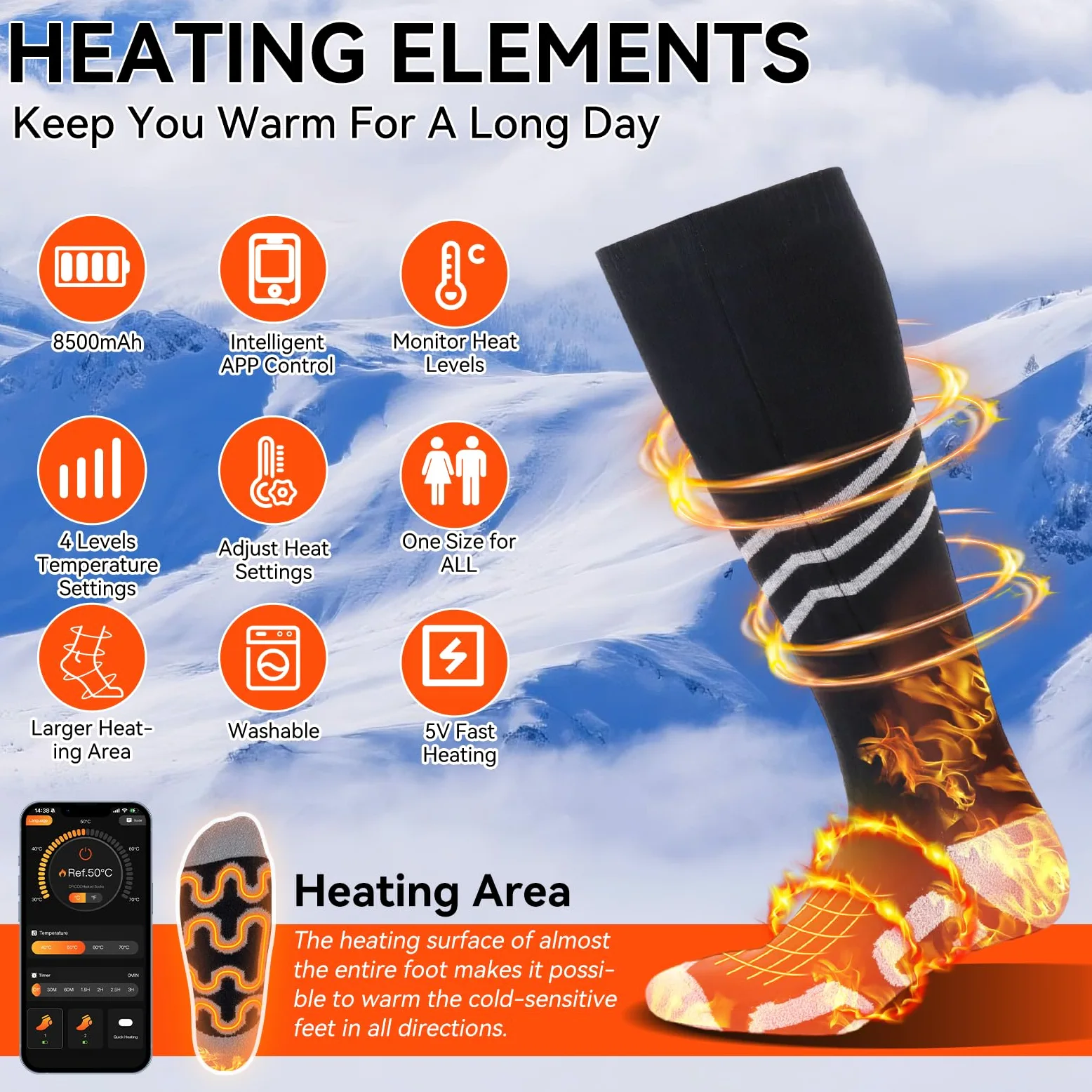 Ninonly Chaussettes Chauffantes pour Hommes Femmes 8500mAh Contrôle par APP 4 Niveaux de Chauffage Batterie Chaussette Chauffante Rechargeables pour Ski, Randonnée, Camping Activités M