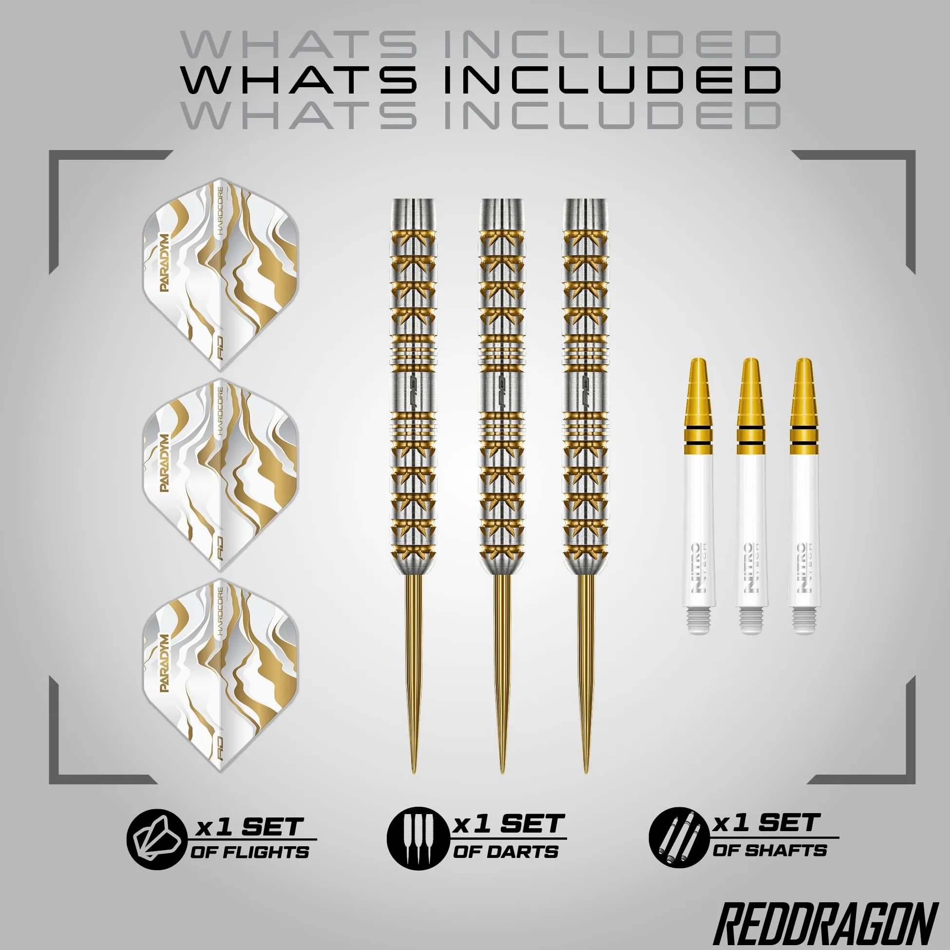 RED DRAGON Darts Paradym Gold Series Fléchettes professionnelles 90 % tungstène – Comprend des vols de fléchettes et des tiges | Disponible en pointe souple de 18 g et fléchettes en acier 22 g, 23 g