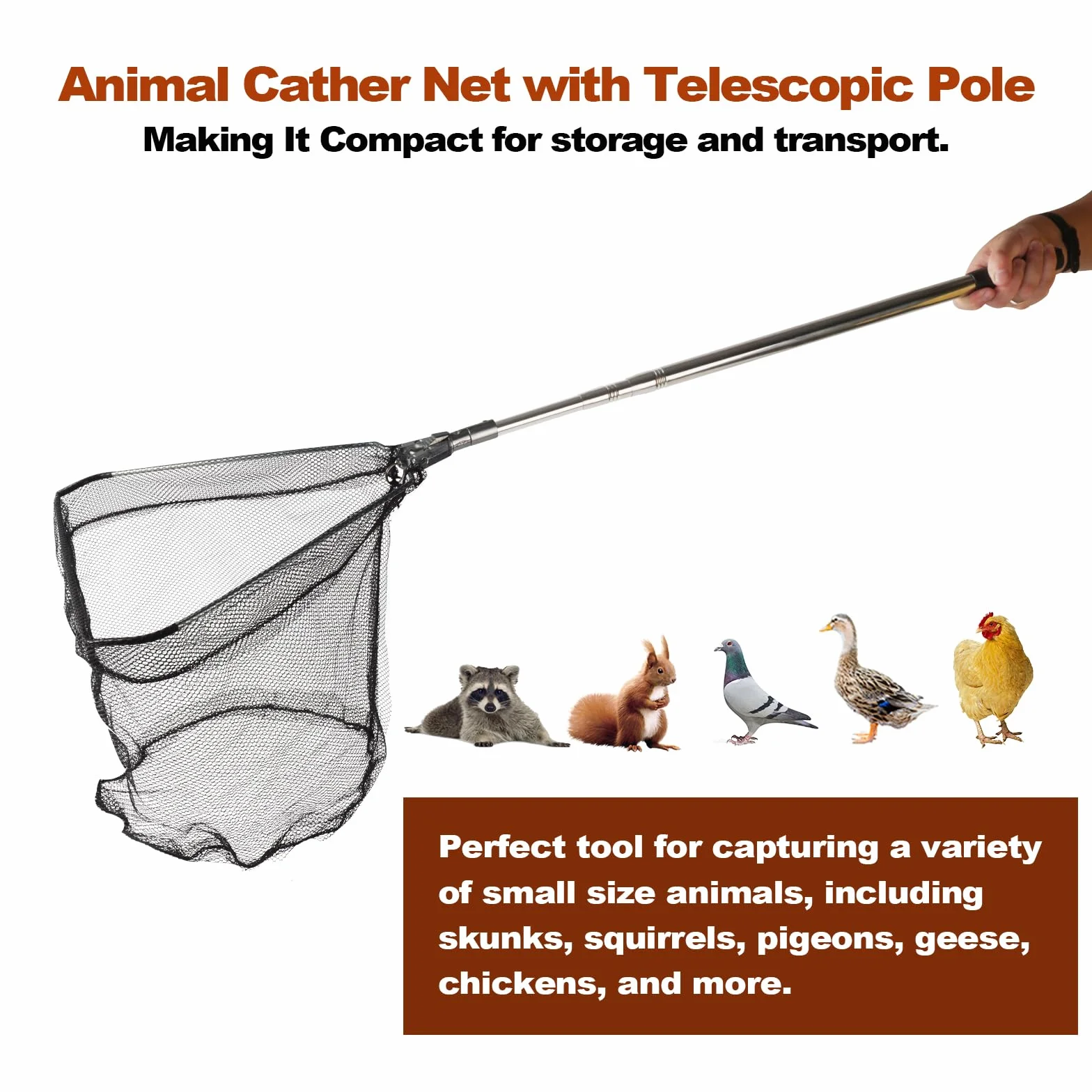 Filet de capture de poulet, filet animal avec poteau extensible en acier inoxydable de 117 cm, filet à poulet pour poulets, canards, oiseaux, chats, chiens, résille, attrape-poulet pour