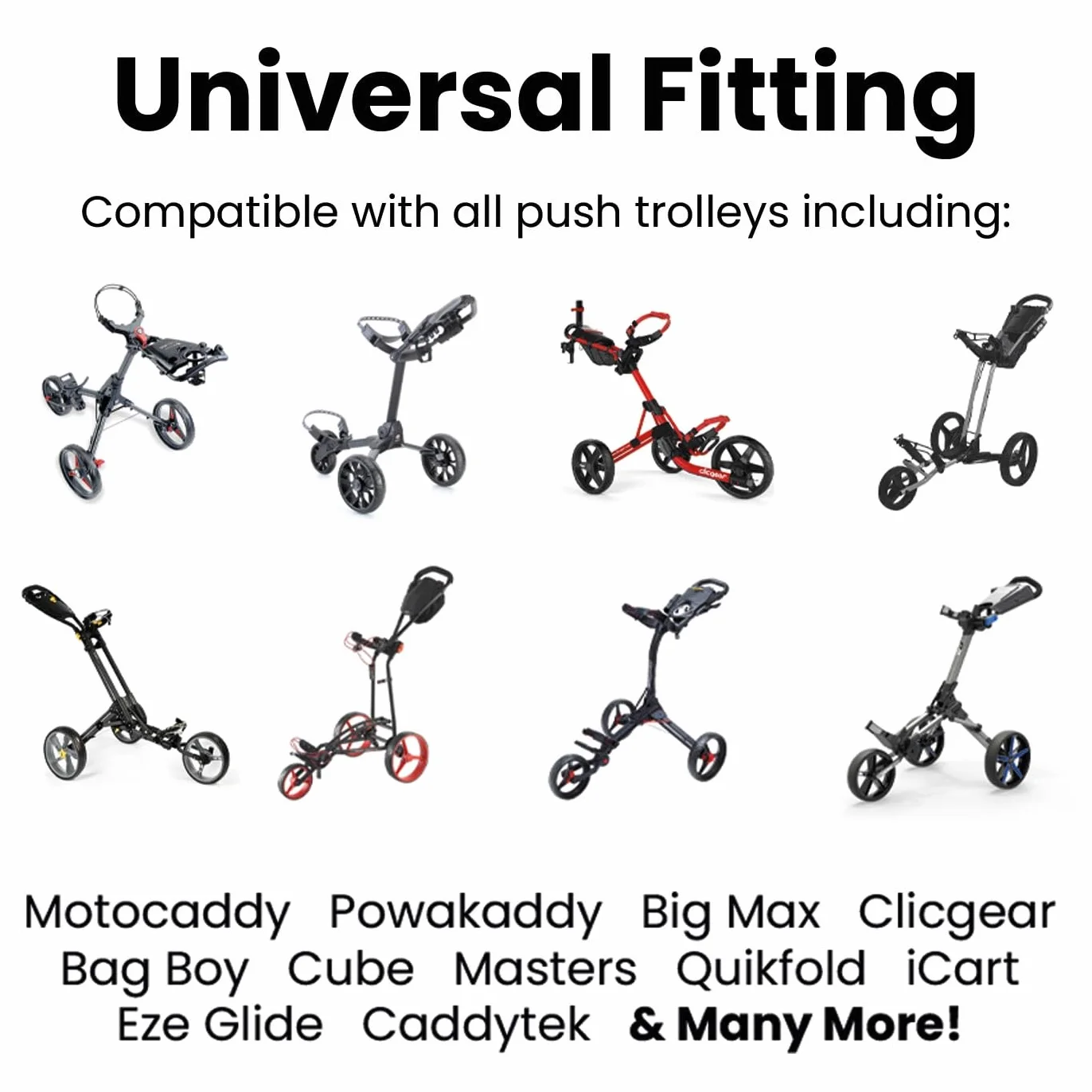 Poche organisatrice universelle pour chariot de golf à pousser, support à accès facile pour accessoires, télémètre, boisson et plus. Compatible avec Motocaddy, Powakaddy, Clicgear, Cube, Masters, Big