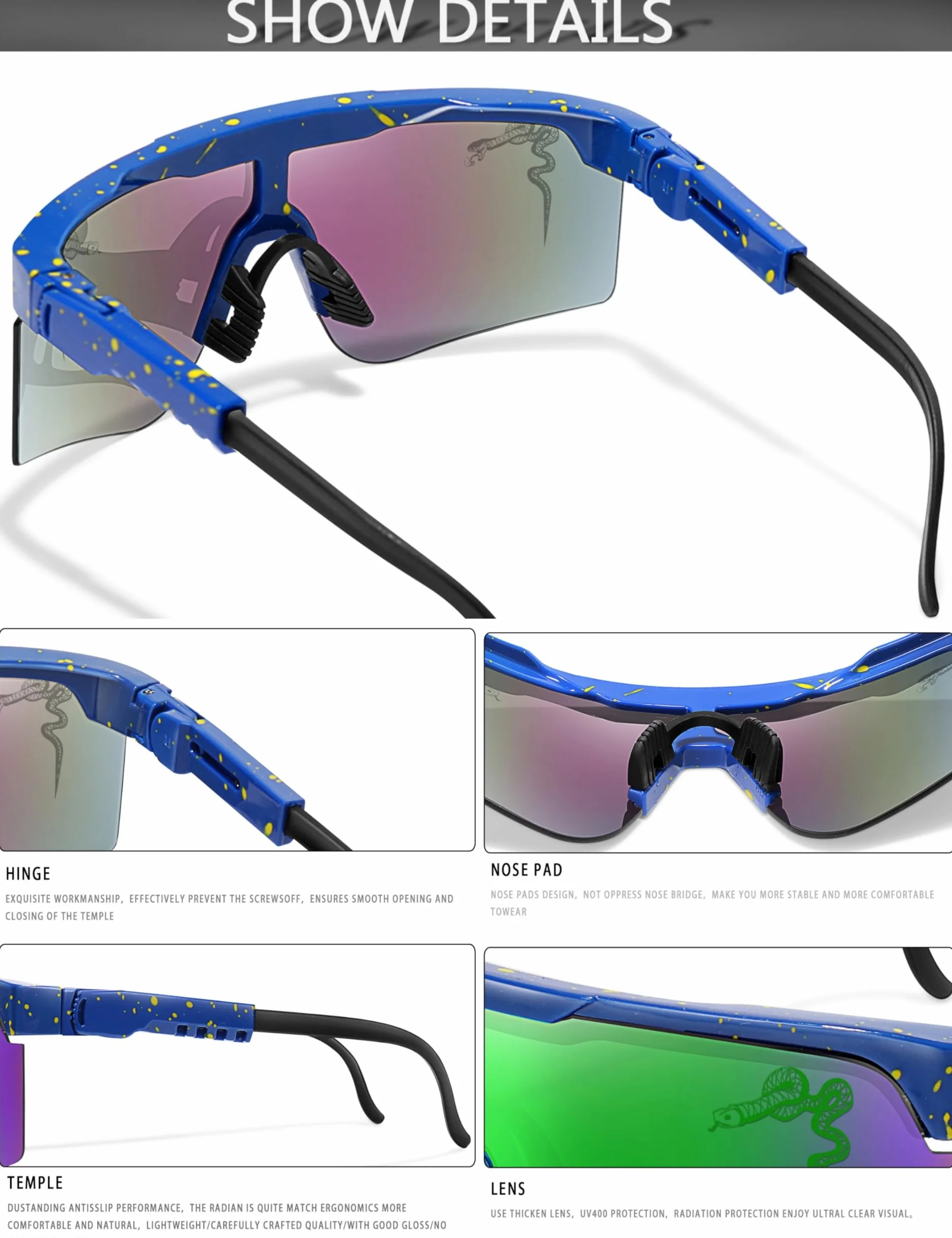 Lunettes de soleil cyclisme course à pied bras amovibles lentille polycarbonate sport plein air