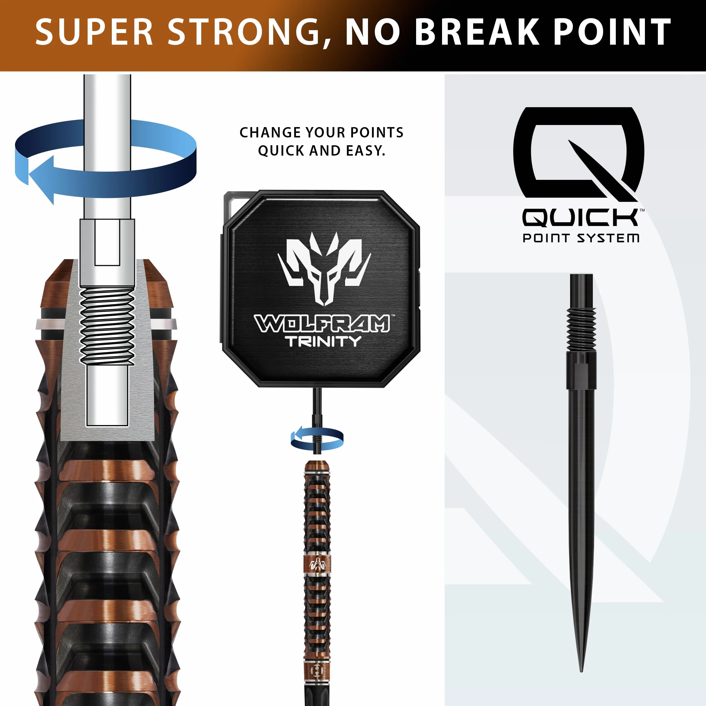 Jeu de fléchettes Harrows Wolfram Trinity 97 % tungstène avec pointe en acier, barils de qualité supérieure fraisés CNC avec revêtement TiN bronze et électrodéposition noire, manche intégré Solo et