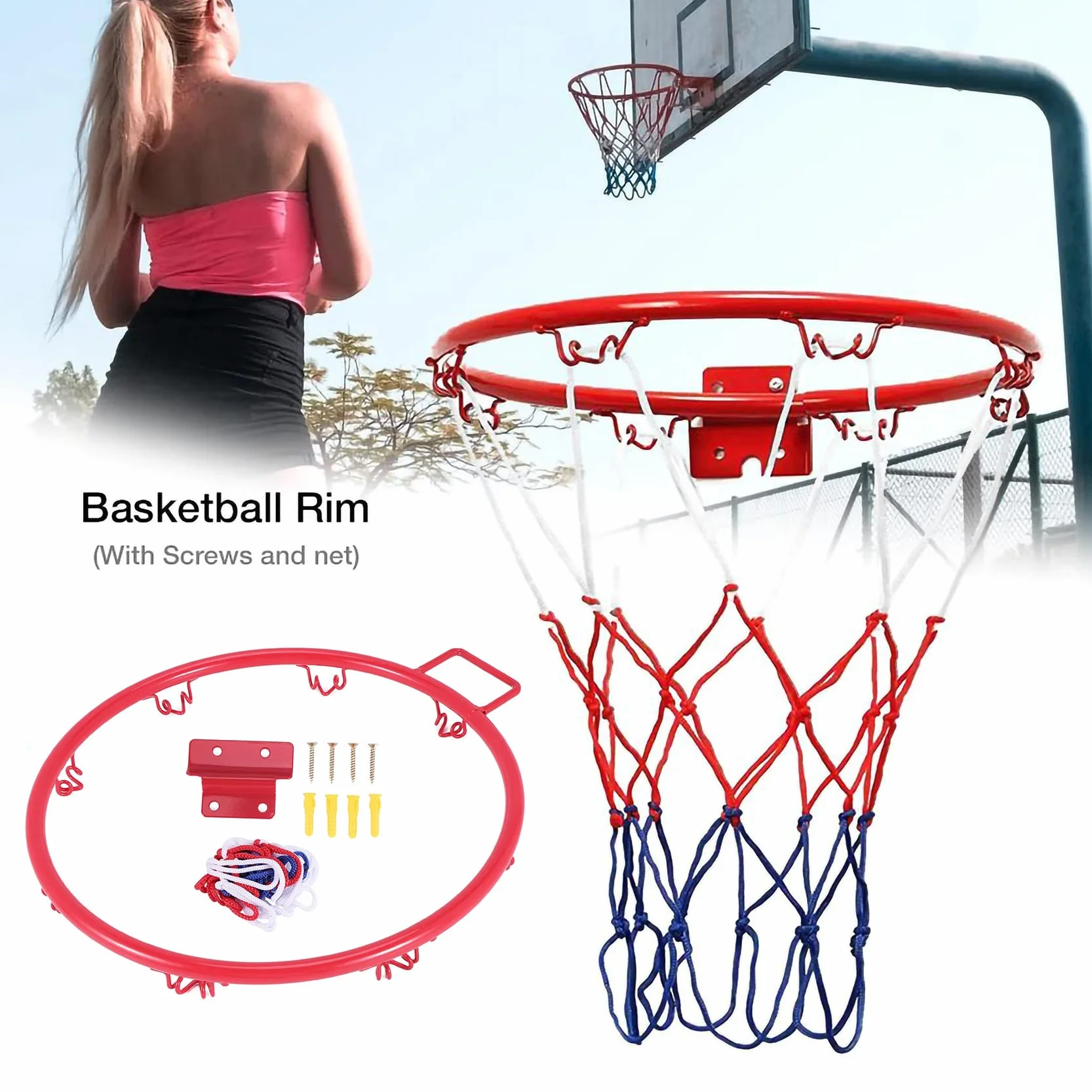 Panier de Basket-Ball Mural 32 cm Filet Jante Métal avec Vis Intérieur Extérieur