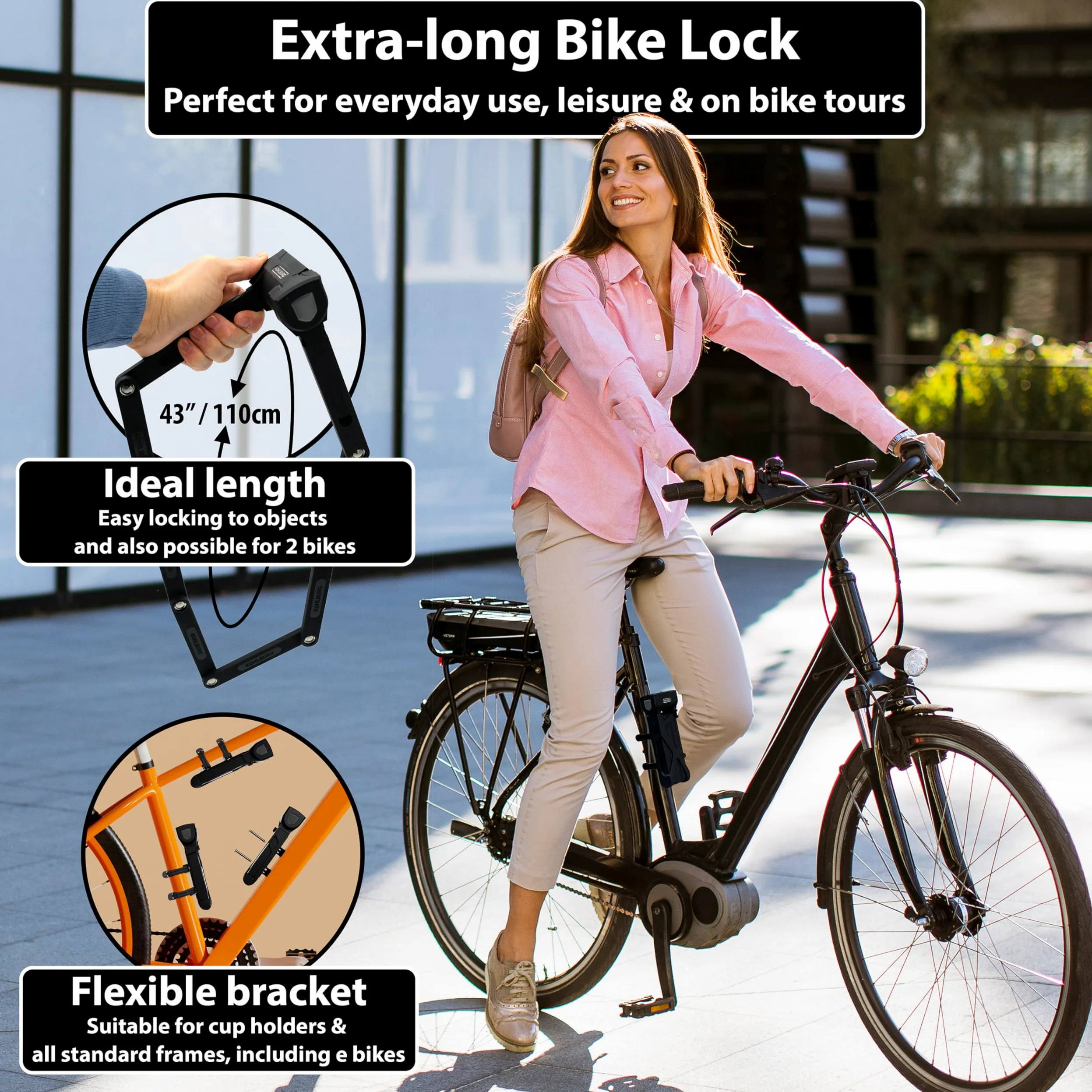 KOHLBURG Antivol pliable pour vélo - 108 cm - Sans danger pour coupe-boulons - Avec support | Antivol pliable pour vélo avec 3 clés - Antivol pour vélo électrique - Haute sécurité - Serrure pour vélo électrique et vélo