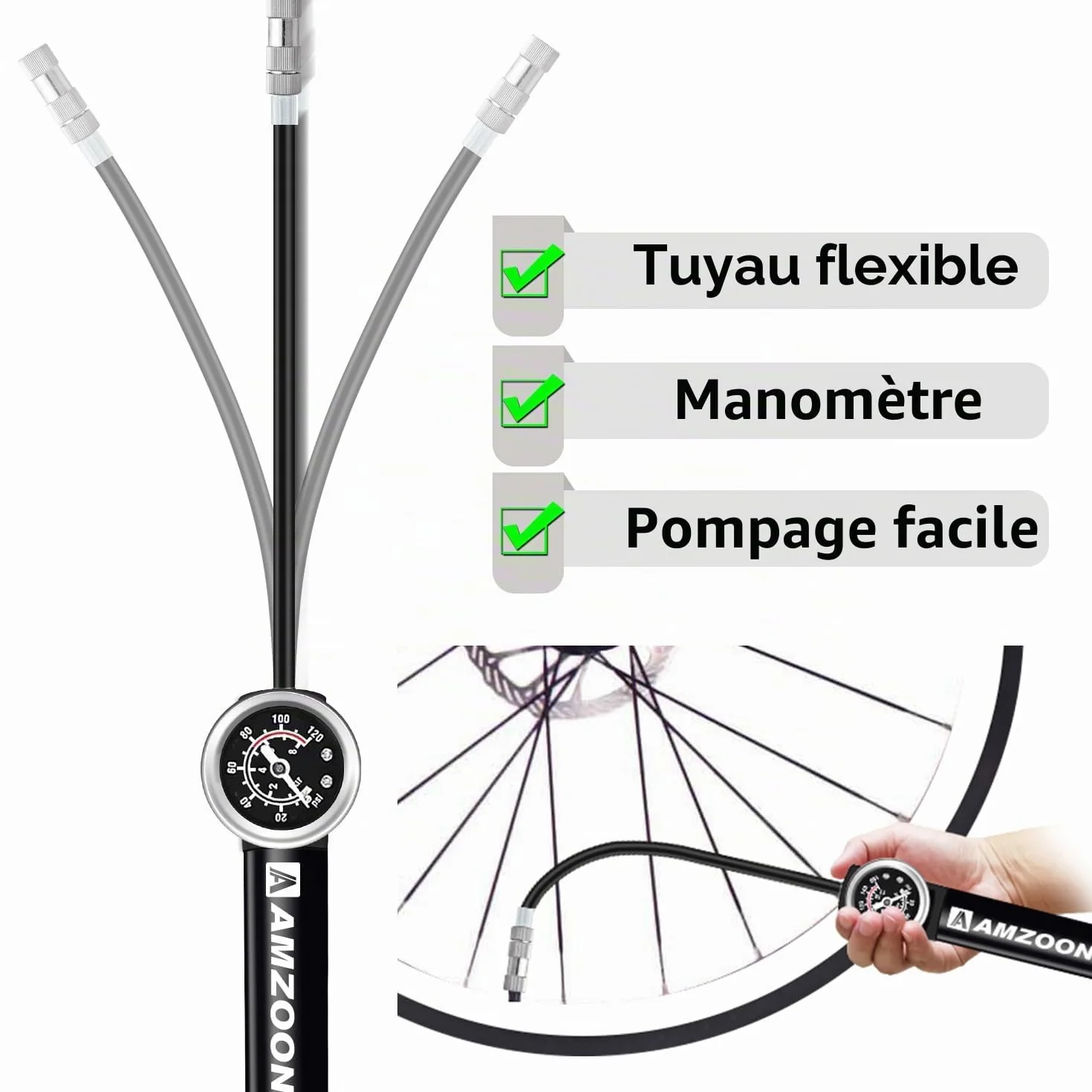 Pompe à Vélo avec Manomètre Tuyau Rallongé pour Schrader et Presta Valve
