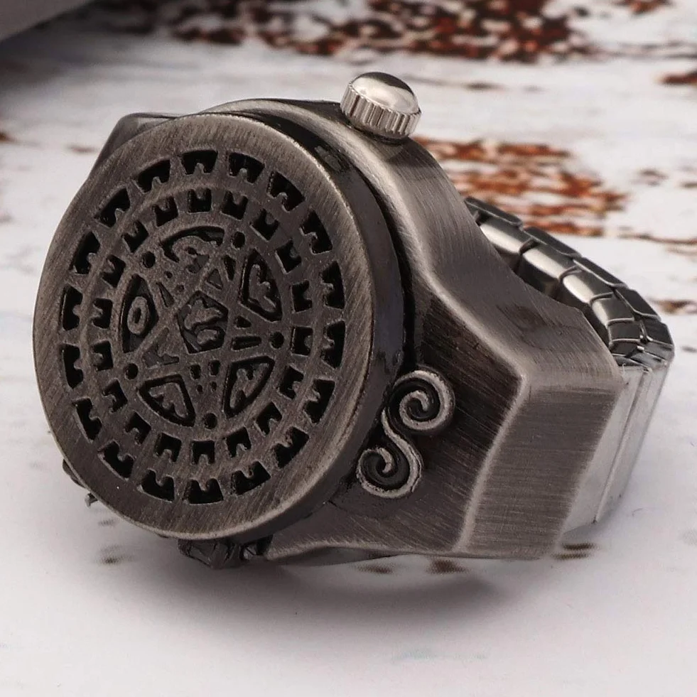 Pongnas Ring Watch Vintage Quartz Horloge à Doigt Flip Up Couvercle Hommes