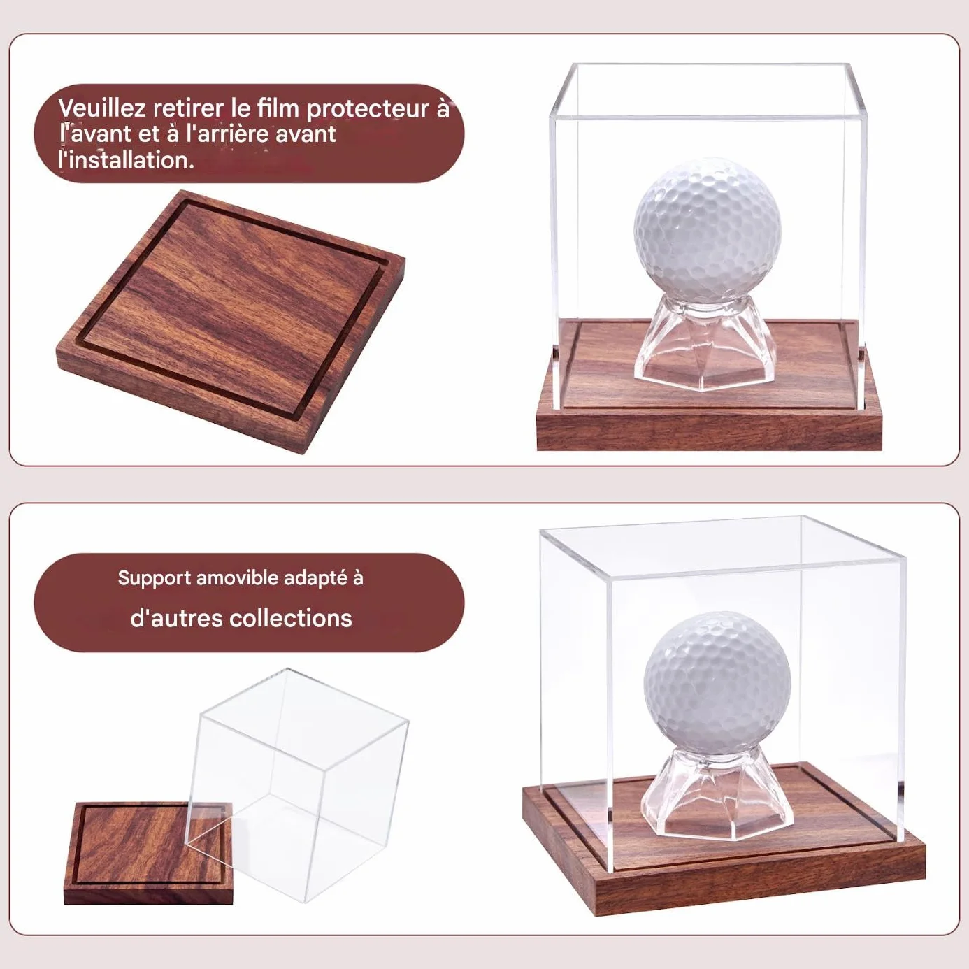 Boîtier d'exposition pour balles de golf avec support en bois, anti-poussière