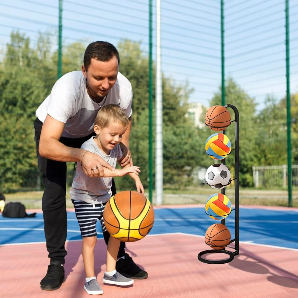 Porte Ballon Basket Métal 5 Niveaux Vertical Support Ballon Organiseur Noir