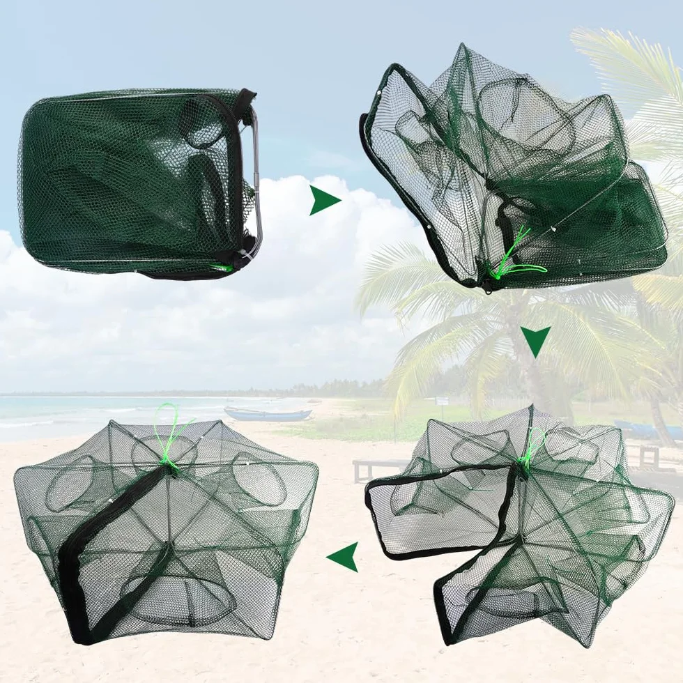 Piège à crevettes, 58 × 22 cm Poissons de crabe en nylon, filet de pêche automatique, 6 trous filet de pêche pliable en nylon, pour attraper les crabes, les homards, les crevettes et les crabes