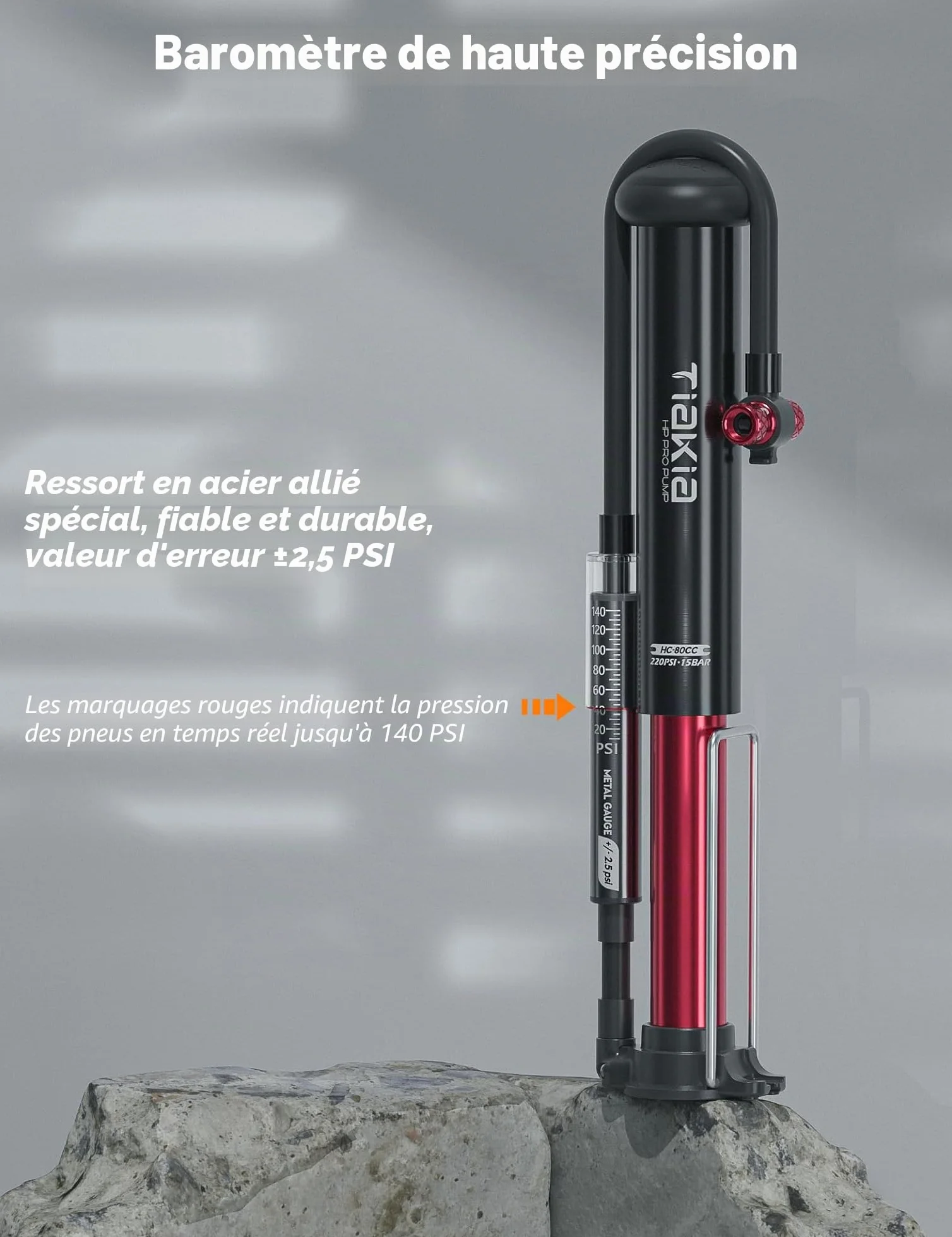 Pompe à Vélo avec Manomètre, Aluminium Mini Pompe Vélo Pied Valve Schrader Presta pour Route VTT