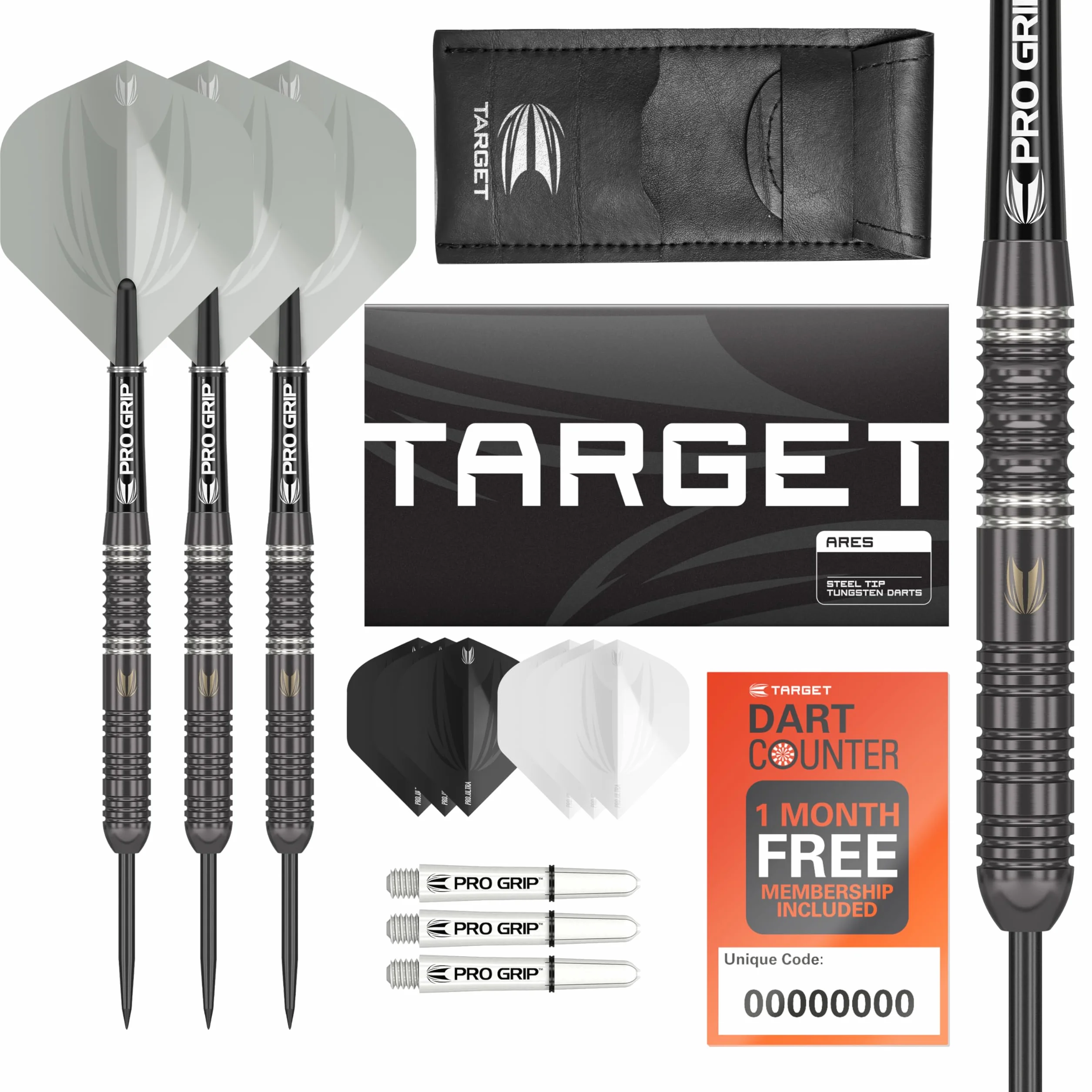 Target Darts Ares 22G/23G/24G Tungsten Steel Tip Darts Set - 6 Arrows Pro Grip - 9 Pro Ultra Flights - Dart Wallet