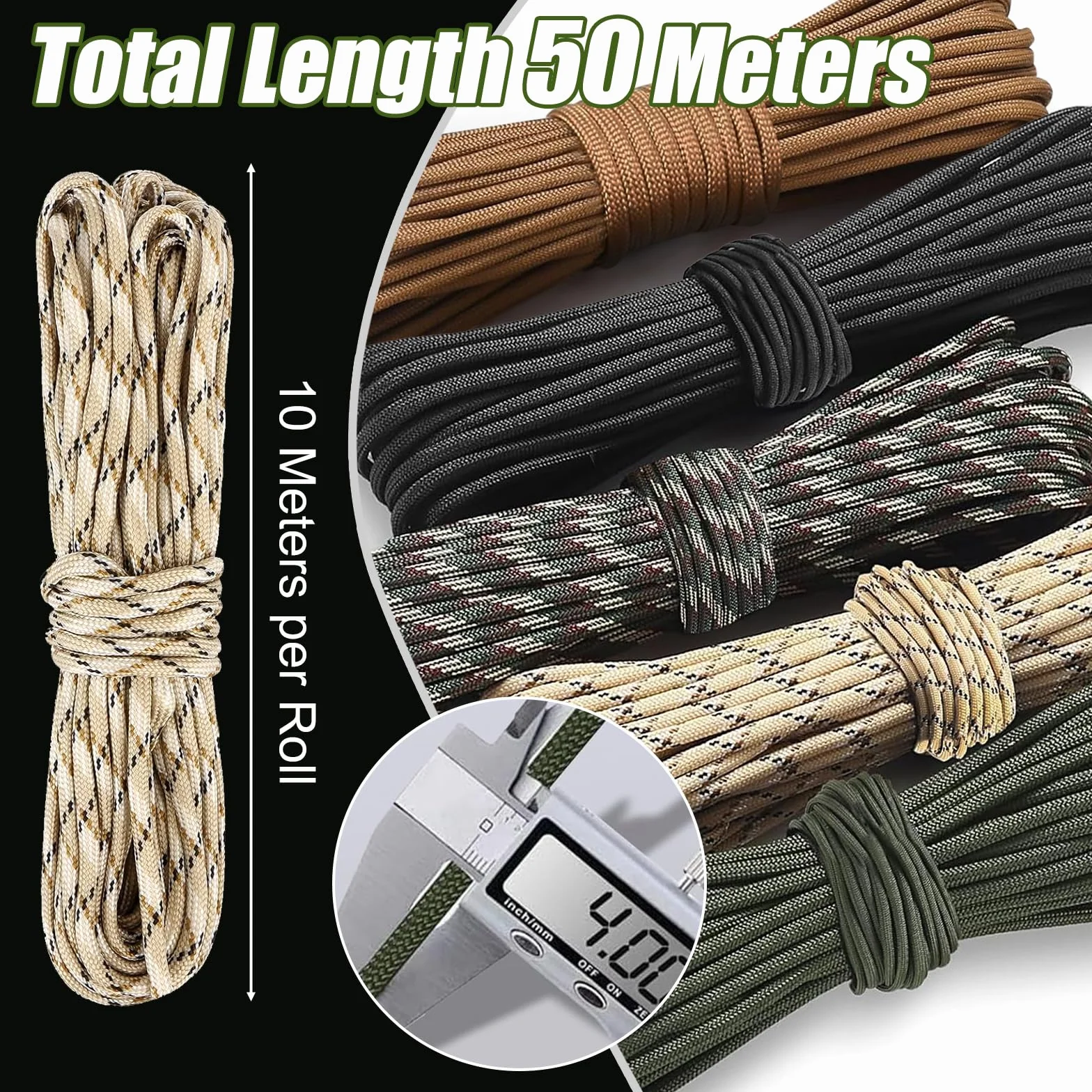 Paracorde 4mm x 10m 7 Brins Nylon Survie Extérieur Bricolage 50m