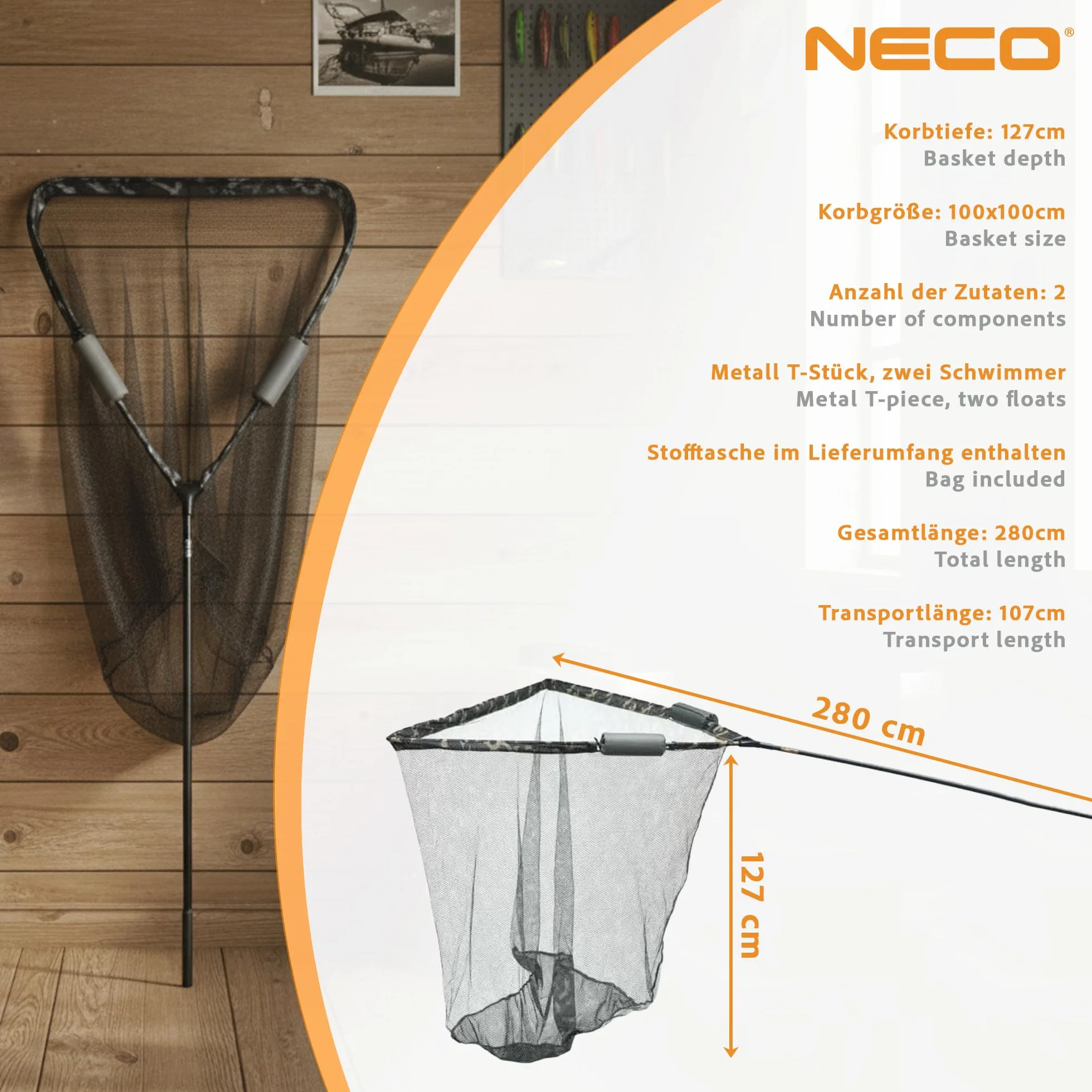 NECO Épuisette à Carpe 100x100 cm avec Flotteurs - Grand Filet Pliable et Léger avec Étui, Panier Profond pour la Pêche aux Poissons et Carpes (70202)
