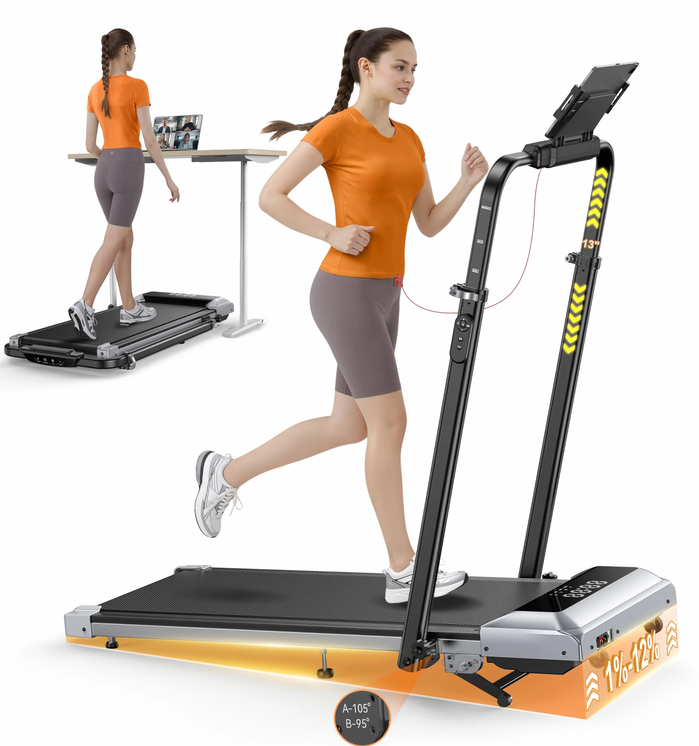 Tapis de Course 6 en 1, Pente 1%-12%, Vitesse 12km/h, 2.5 HP, Colonne Télescopique 115cm