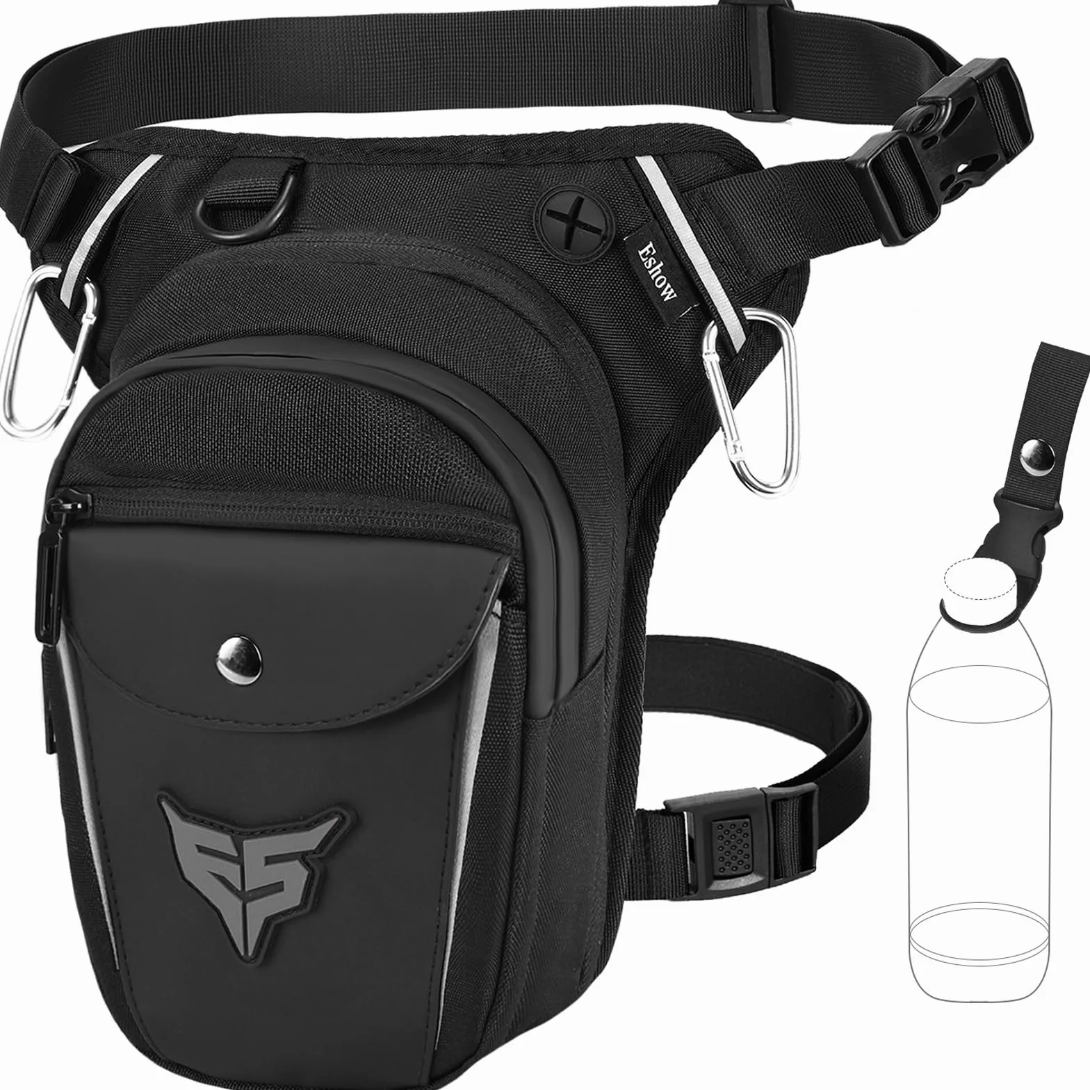 Eshow Sacoche de Jambe Moto Capacité Extensible, Sac Banane Femme Homme avec Bande Réfléchissante, 1 Clip à Gourde, 2 Mousquetons pour Randonnée Pêche