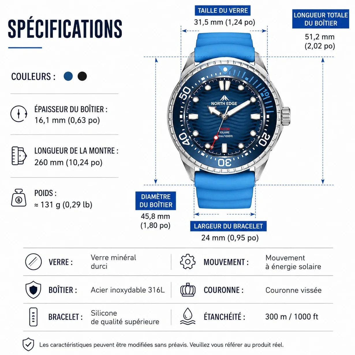 NORTH EDGE Montre de plongée à énergie solaire étanche 300 m cadran lumineux bracelet silicone