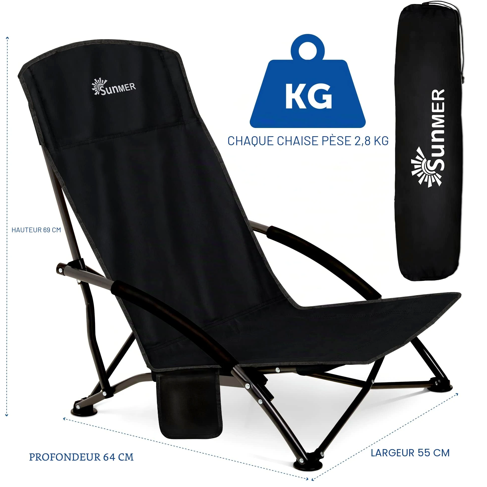 SUNMER Lot de 2 chaises de Plage Pliantes avec Poche latérale et Sac de Transport – Chaise de Camping Basse Pliable, compacte, légère, Portable, capacité de 120 kg – Noir