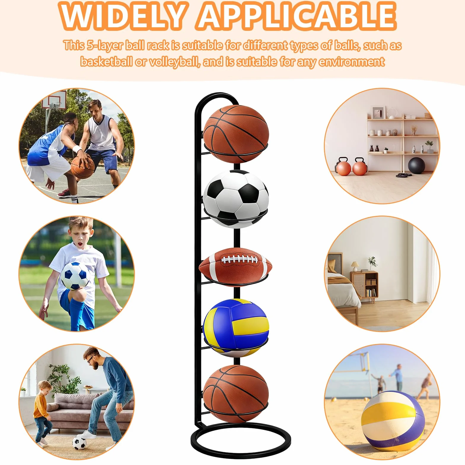 Support de balle en métal noir 5 niveaux, rangement debout pour ballons de football et volley-ball