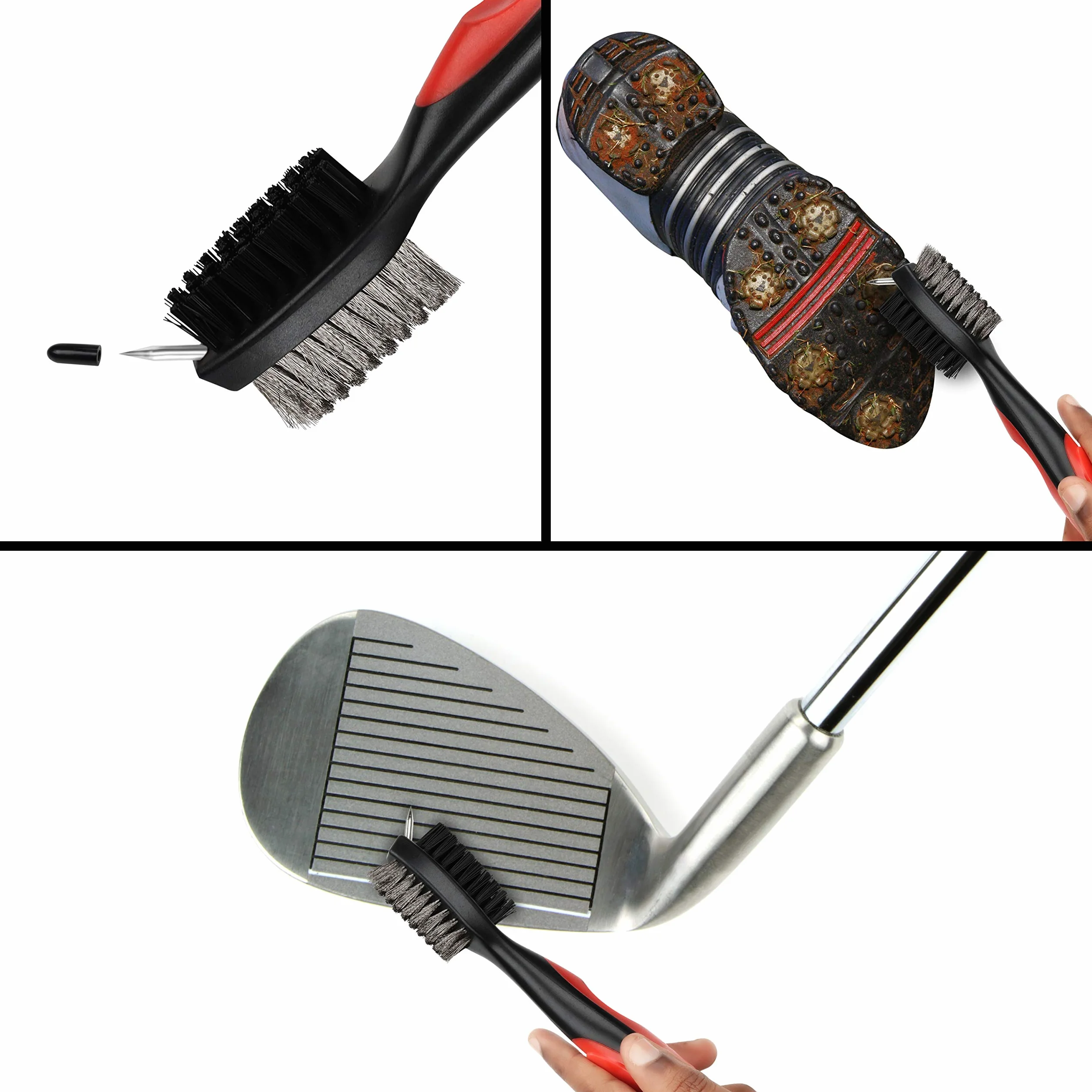 K&V GOLF Brosse pour Club de Golf et Rainures Brosse à Double Coté Nylon & Acier avec Pics pour Nettoyer Surface & Rainures de Club - Fournie avec Fermoir (Mousqueton) pour l'Accrocher Facilemen
