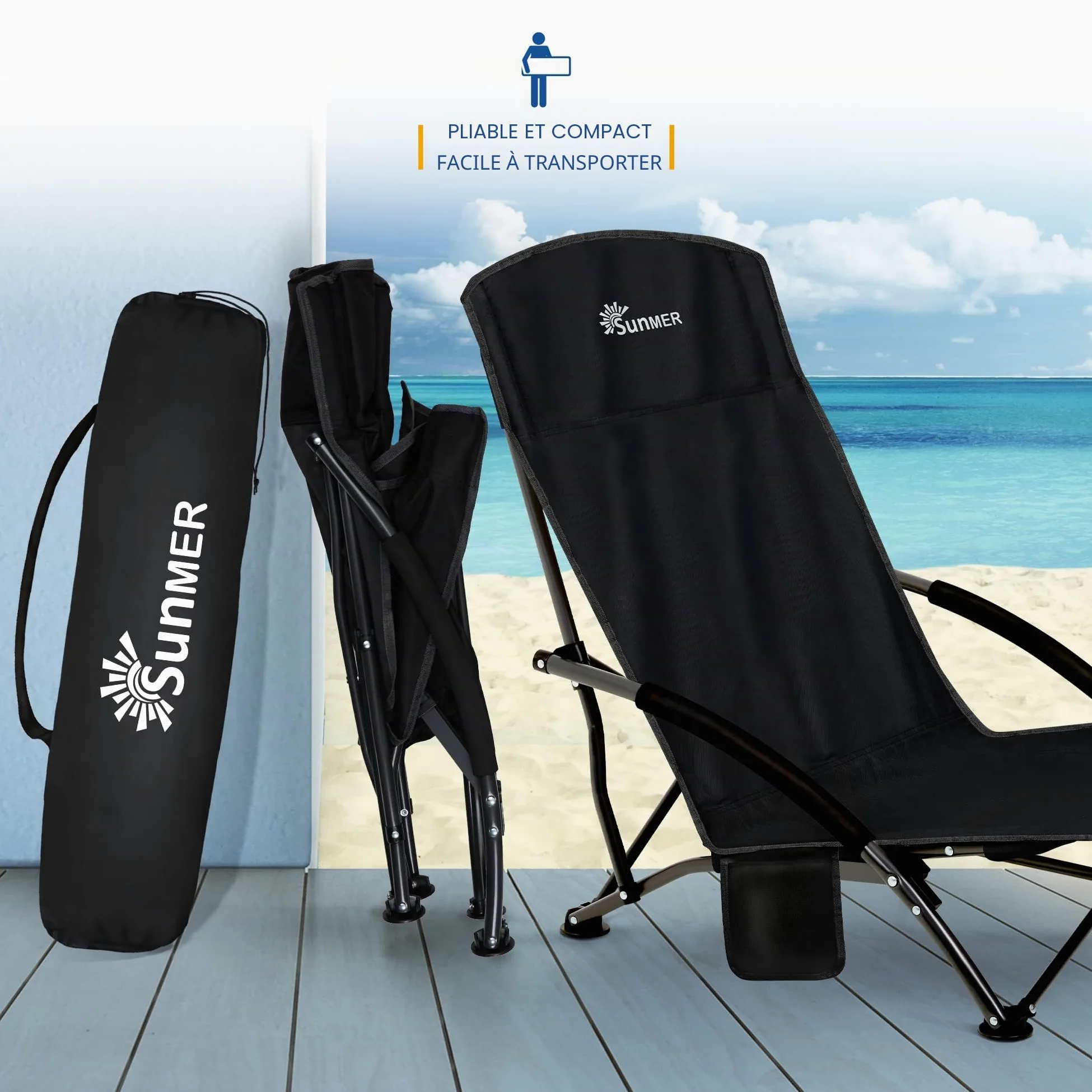 SUNMER Lot de 2 chaises de Plage Pliantes avec Poche latérale et Sac de Transport – Chaise de Camping Basse Pliable, compacte, légère, Portable, capacité de 120 kg – Noir