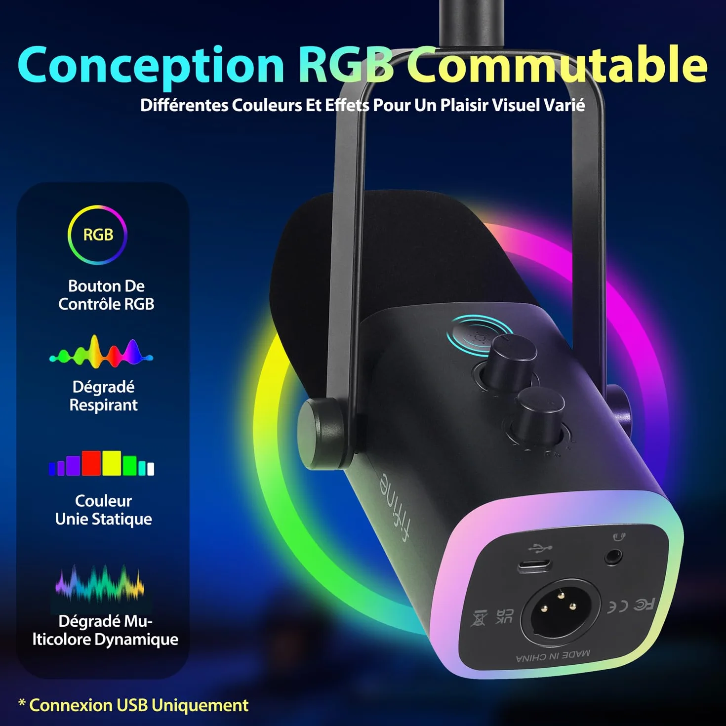 FIFINE USB/XLR Streaming Micro Gaming PC PS4 PS5, RGB Cardioïde Dynamique Microphone avec Support, pour Mixer Cartes Son, Podcasting, Enregistrement Vocal