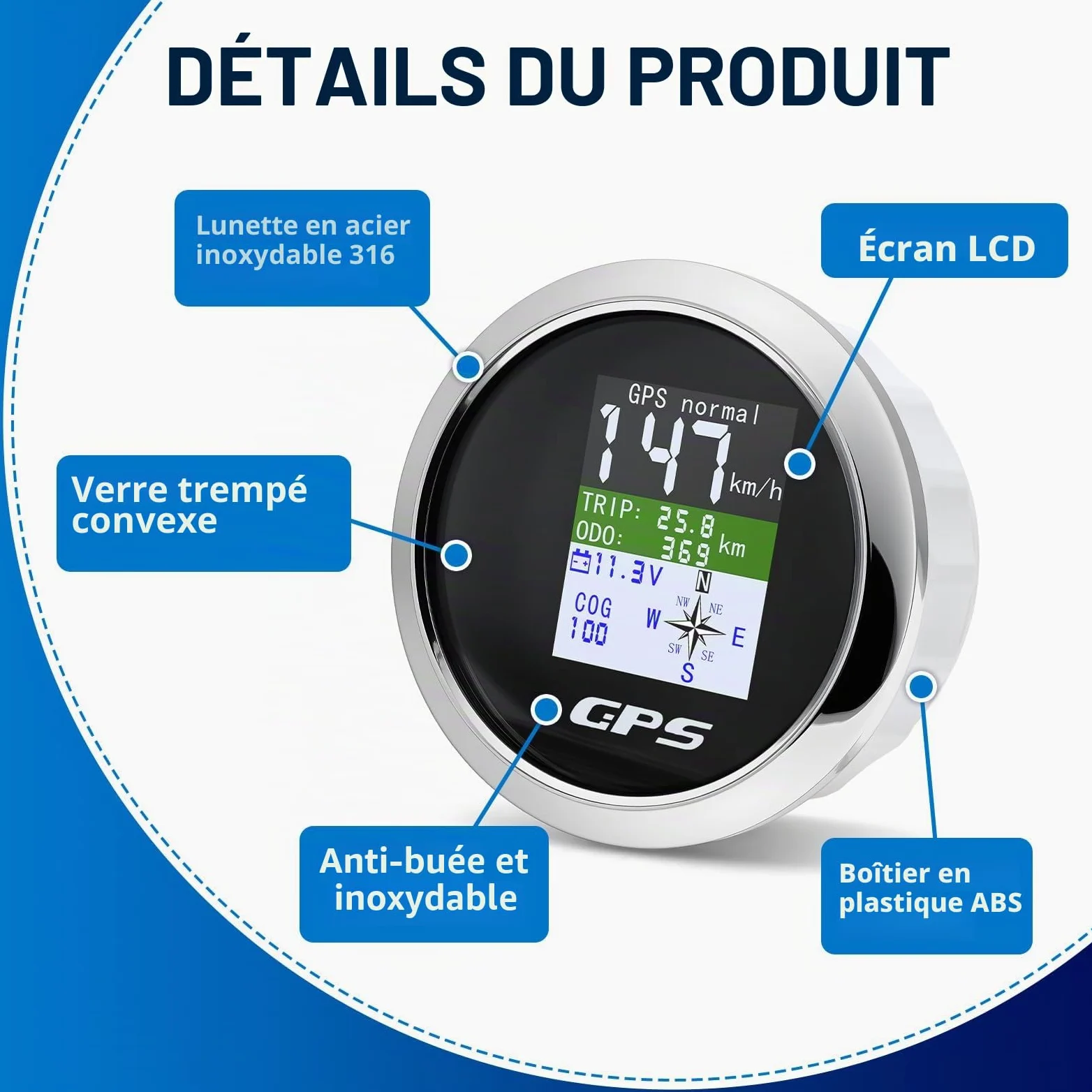 Compteur de vitesse et compteur de vitesse GPS numérique 85 mm avec compteur kilométrique, étanche IP67 pour voiture, bateau, yacht - 12 V/24 V