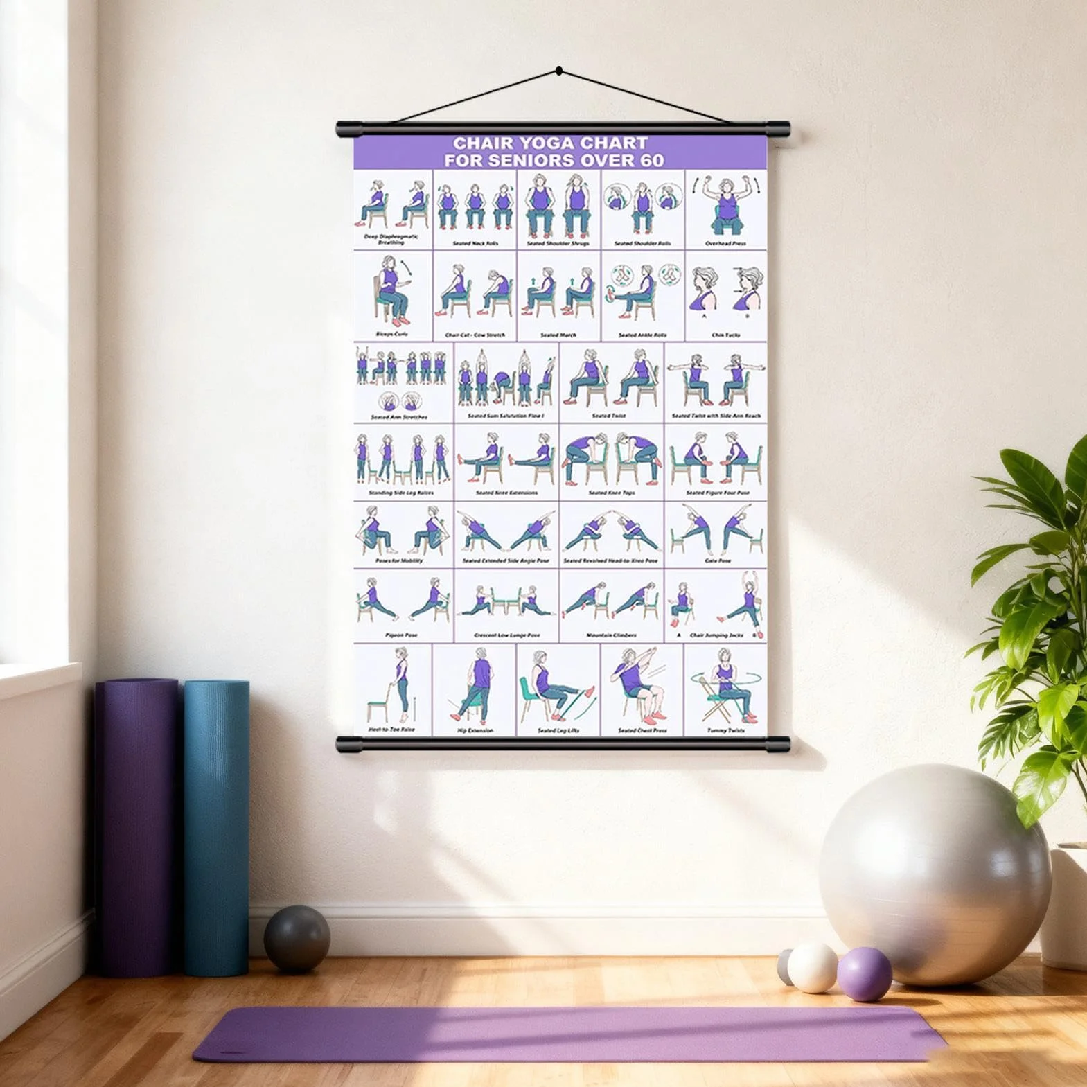 Tableau d'entraînement sur chaise de yoga 40 x 60 cm guide d'exercices affiche pliable en tissu
