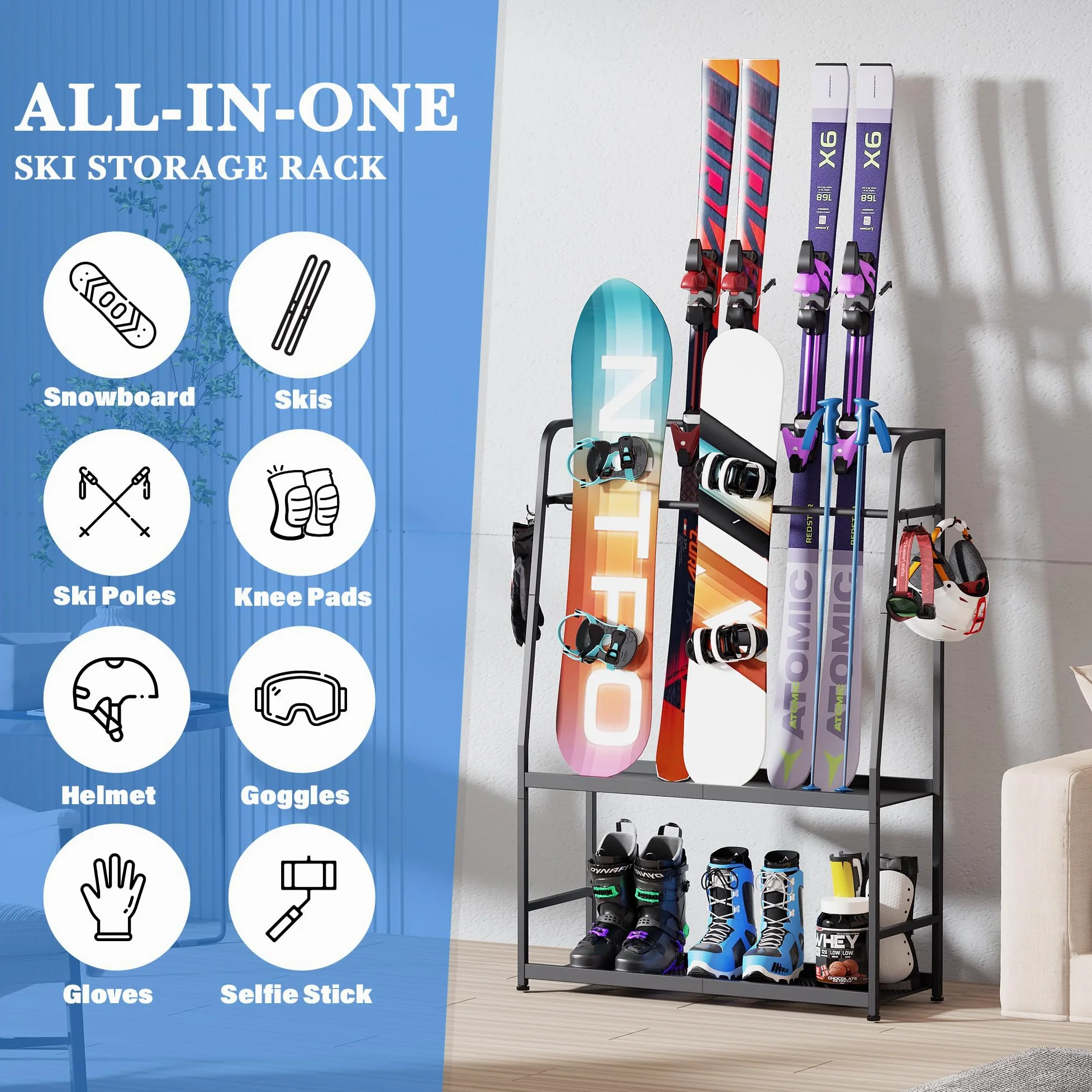 Support de ski pour le garage, étagère de rangement pour skis, snowboard, chaussures de ski, bâtons de ski, lunettes de ski et casques, organiseur de ski pour le garage ou la cave