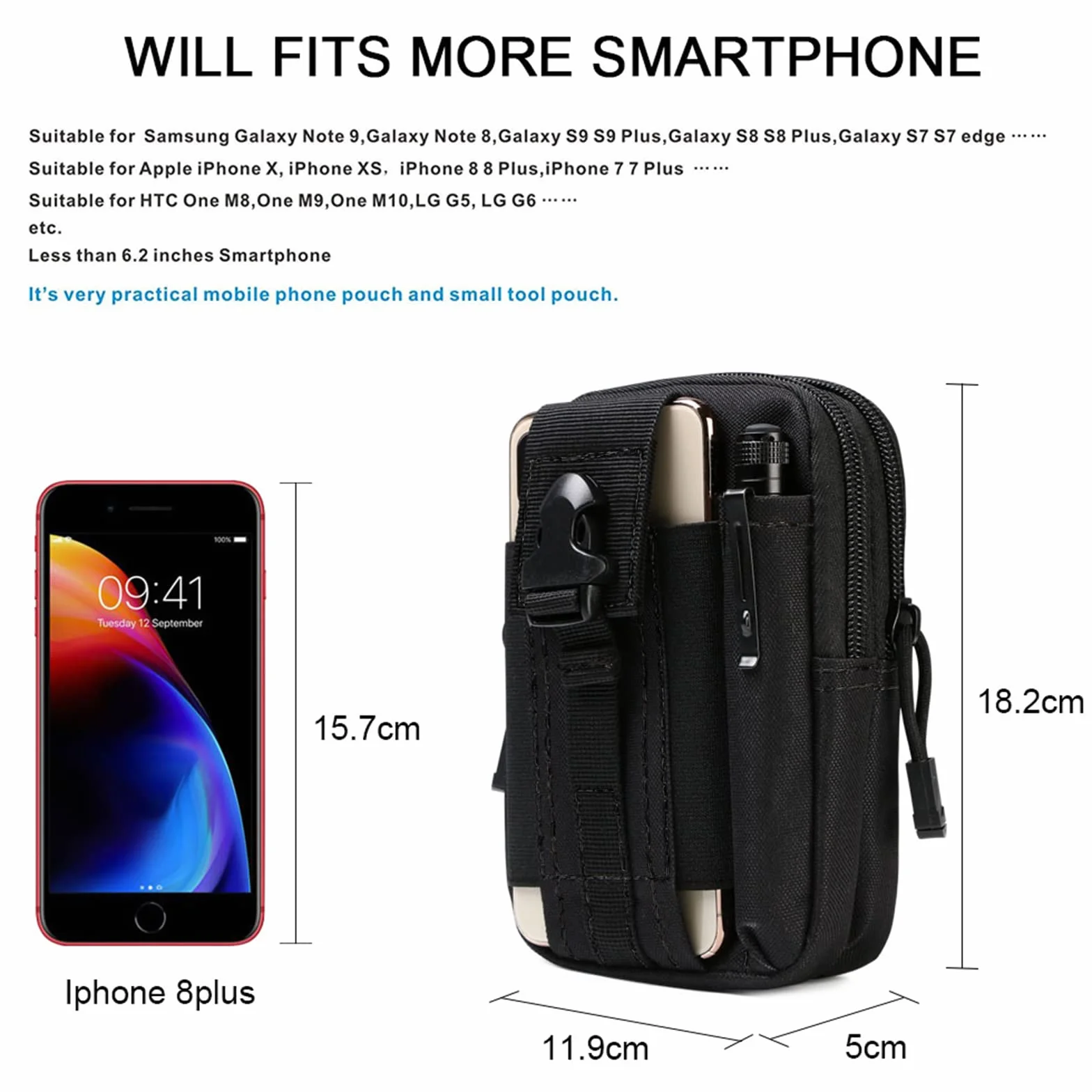 Flintronic Sac Tactique Ceinture Nylon Noir Molle EDC Gadget pour Téléphone Plein Air Randonnée Alpinisme Cyclisme avec Mousqueton