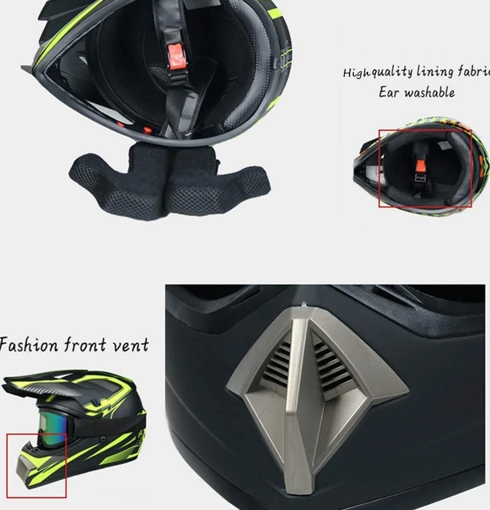 Casque de Motocross Double Sport Jeunesse Enfants Intégral Tout-Terrain Moto avec Lunettes Gants Masque