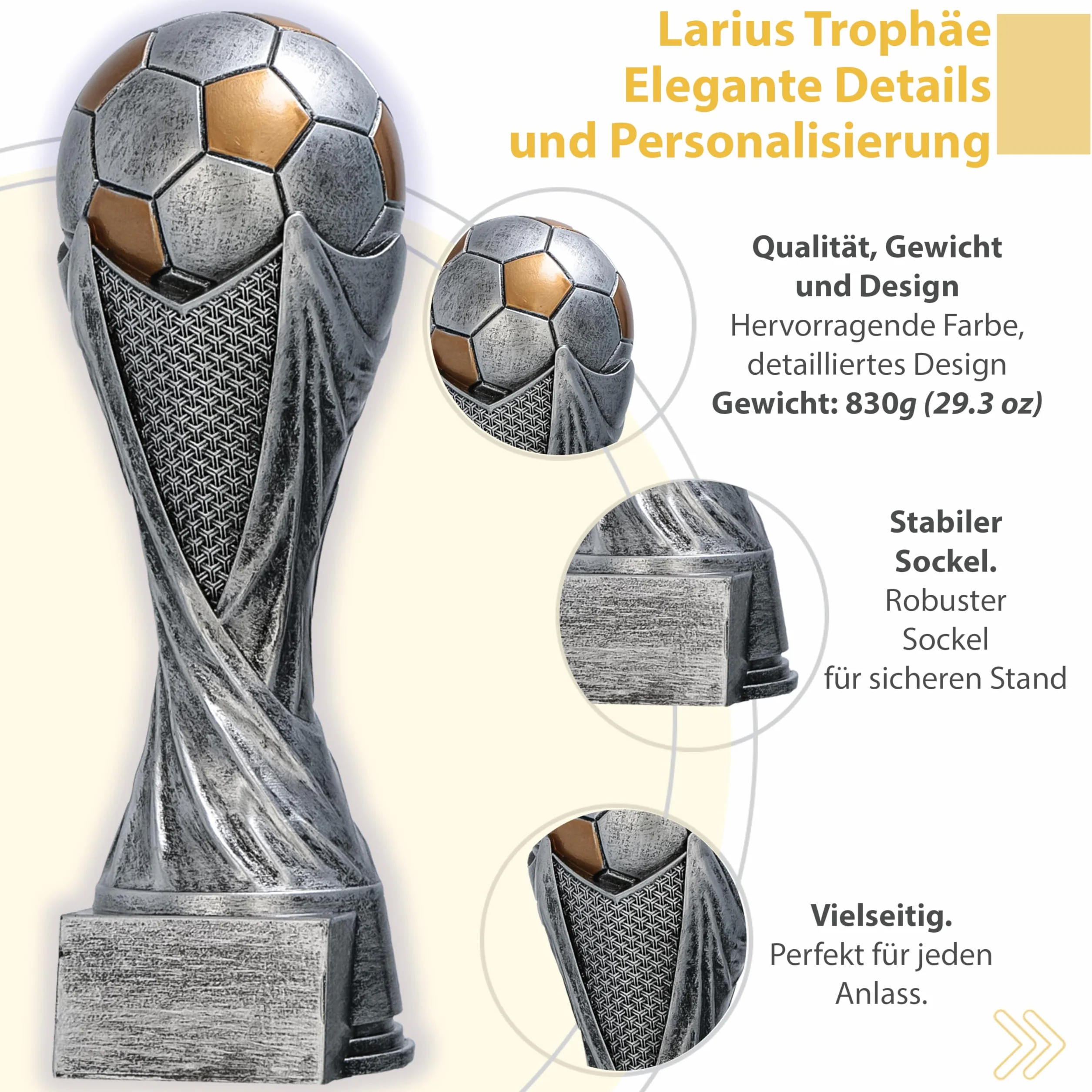 Larius Trophée Football avec Ballon 15–21 cm (300–830 g) – Coupe Lourde en Résine avec Gravure Optionnelle – pour Tournois, MVP, Meilleur Buteur & 1re–3e Place – M5