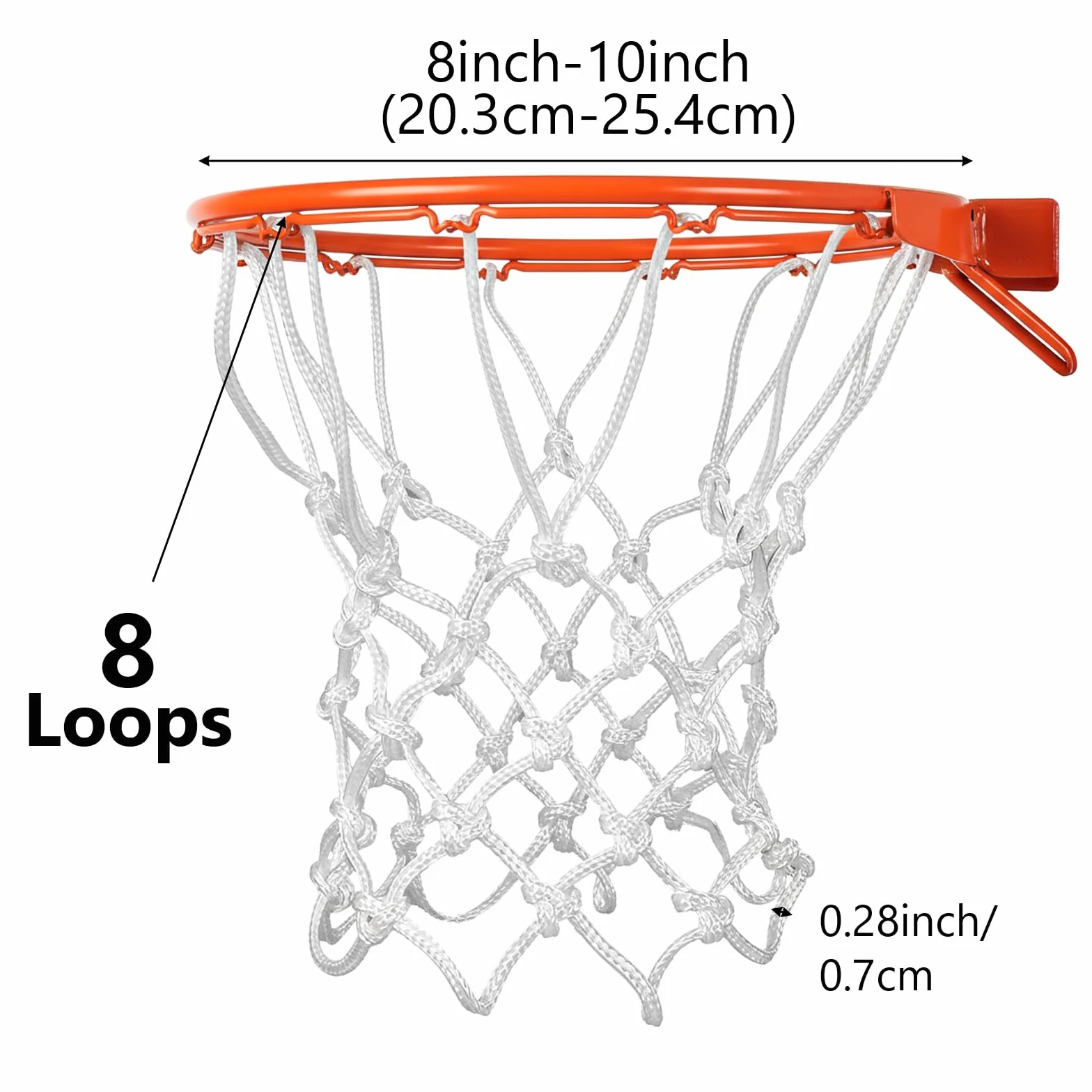 Lot de 2 mini filets de basket-ball de rechange pour petits cerceaux, accessoires anti-fouet, 8 boucles, intérieur et extérieur