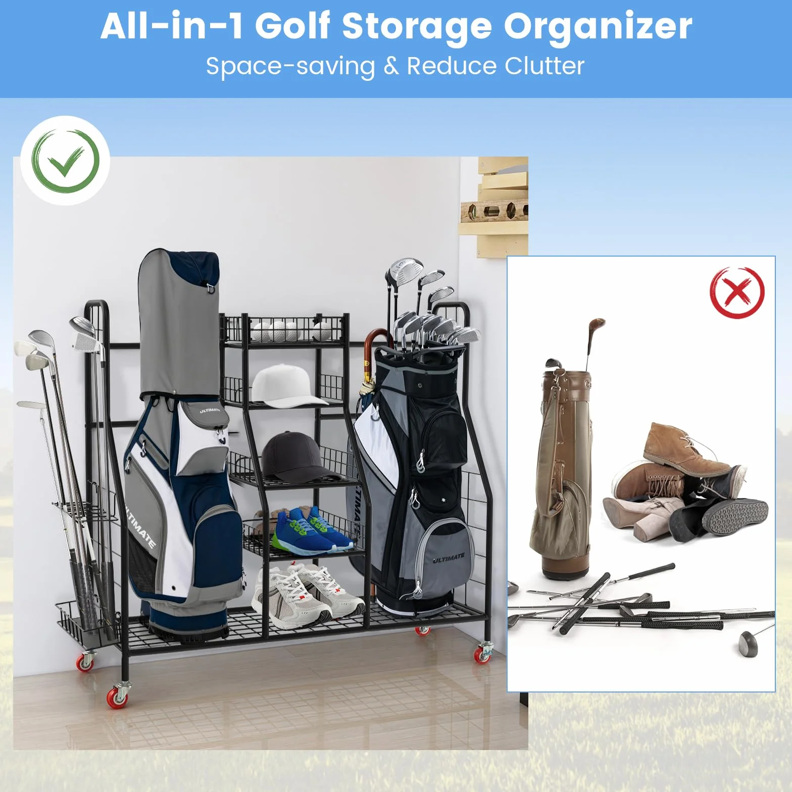 GYMAX Organiseur de Rangement Clubs de Golf Métal 4 Roues 120,5x37,5x105 cm