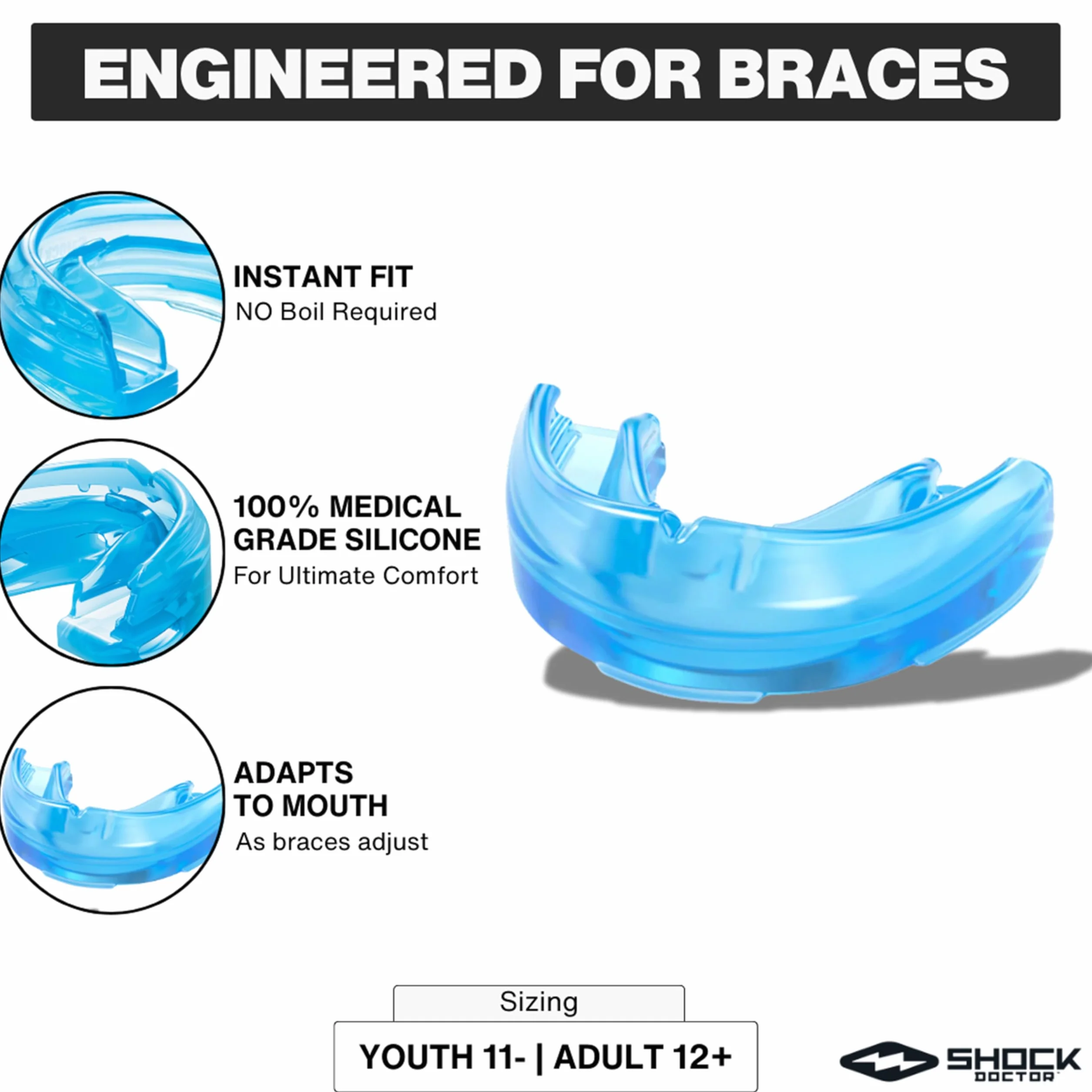 ShockDoctor Single Braces Mouthguard for Men Women Blue Sports Rugby MMA Boxing Lacrosse Basketball Contact