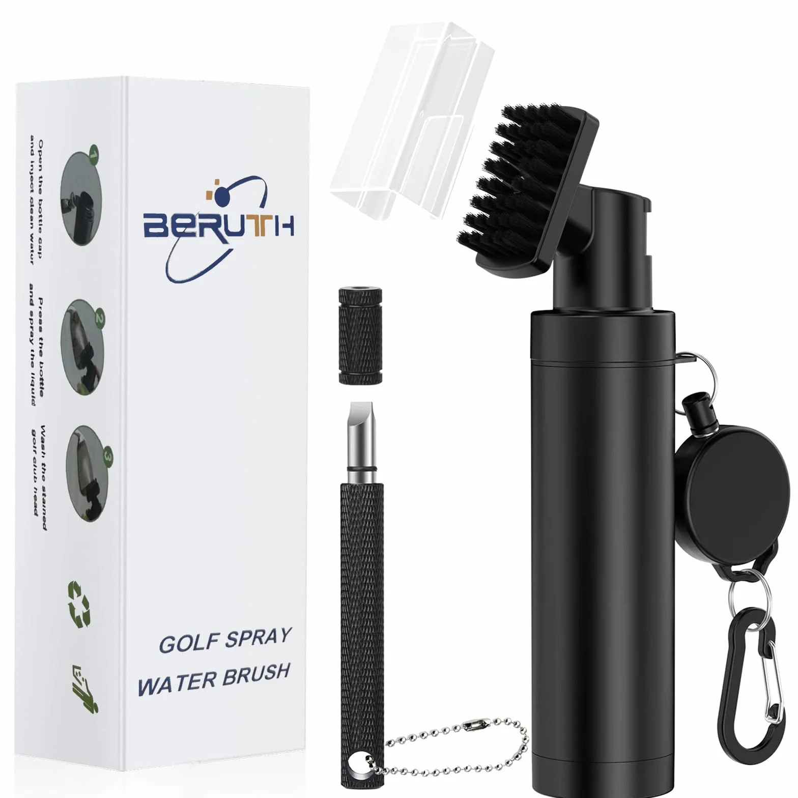 Brosse de nettoyage à 360° pour club de golf avec mousqueton et bouteille d'eau étanche – Outil de nettoyage léger et compact pour clubs de golf, balles et chaussures – Cadeau idéal pour homme