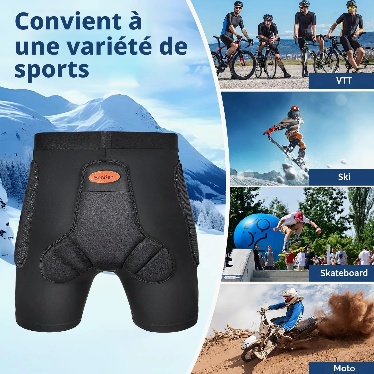 BenKen Short de protection de sport 3D EVA Butt Pad, équipement de protection anti-collision pour homme et femme, short de protection rembourré résistant aux chocs pour snowboard, patinage, patins à