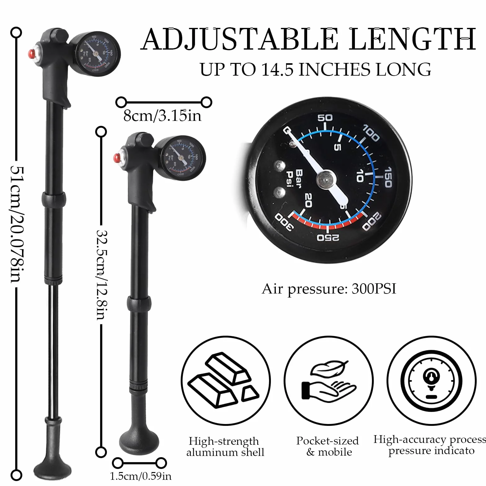Pompe à Amortisseur Haute Pression 300 PSI 3 en 1 pour Fourche Suspension Arrière Mini Pompe Velo