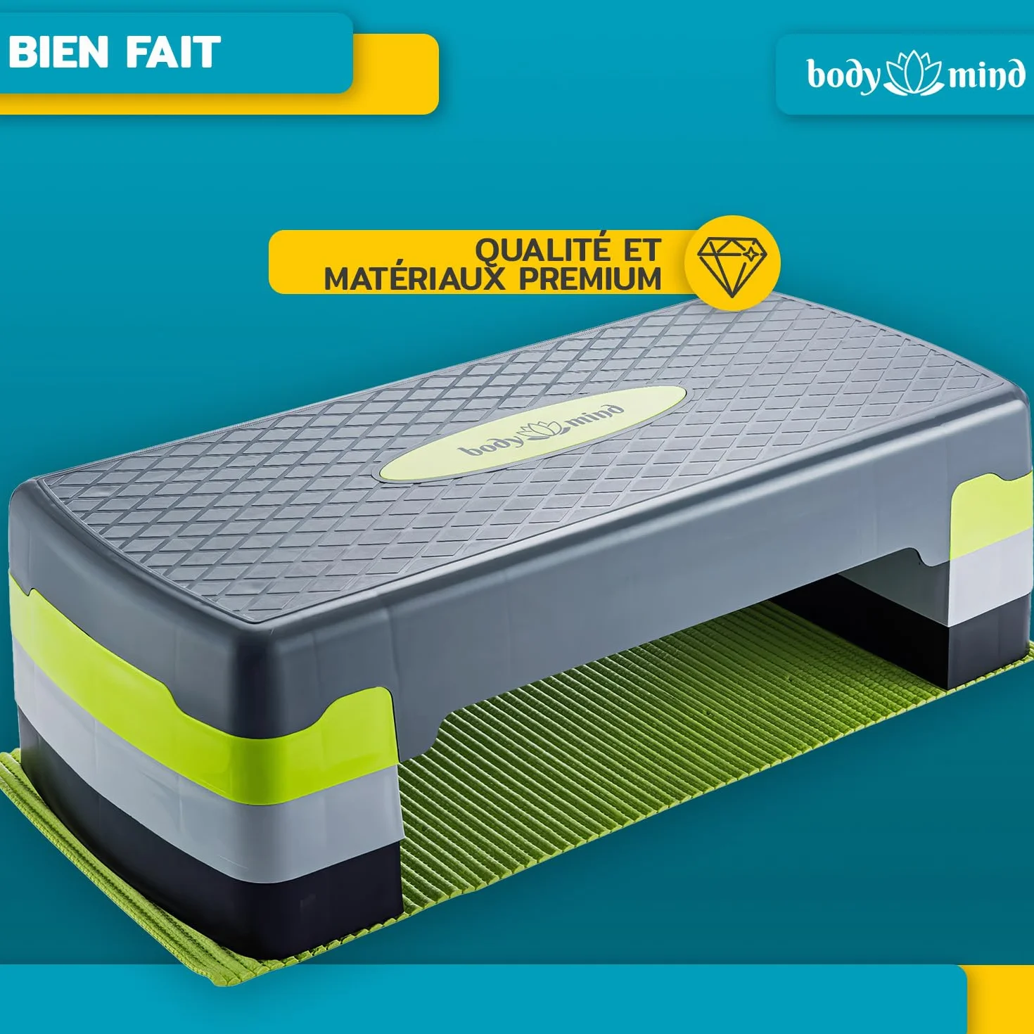 Body & Mind Stepboard aérobic Deluxe 2-étapes Stepper Step-Bench avec tapis antidérapant
